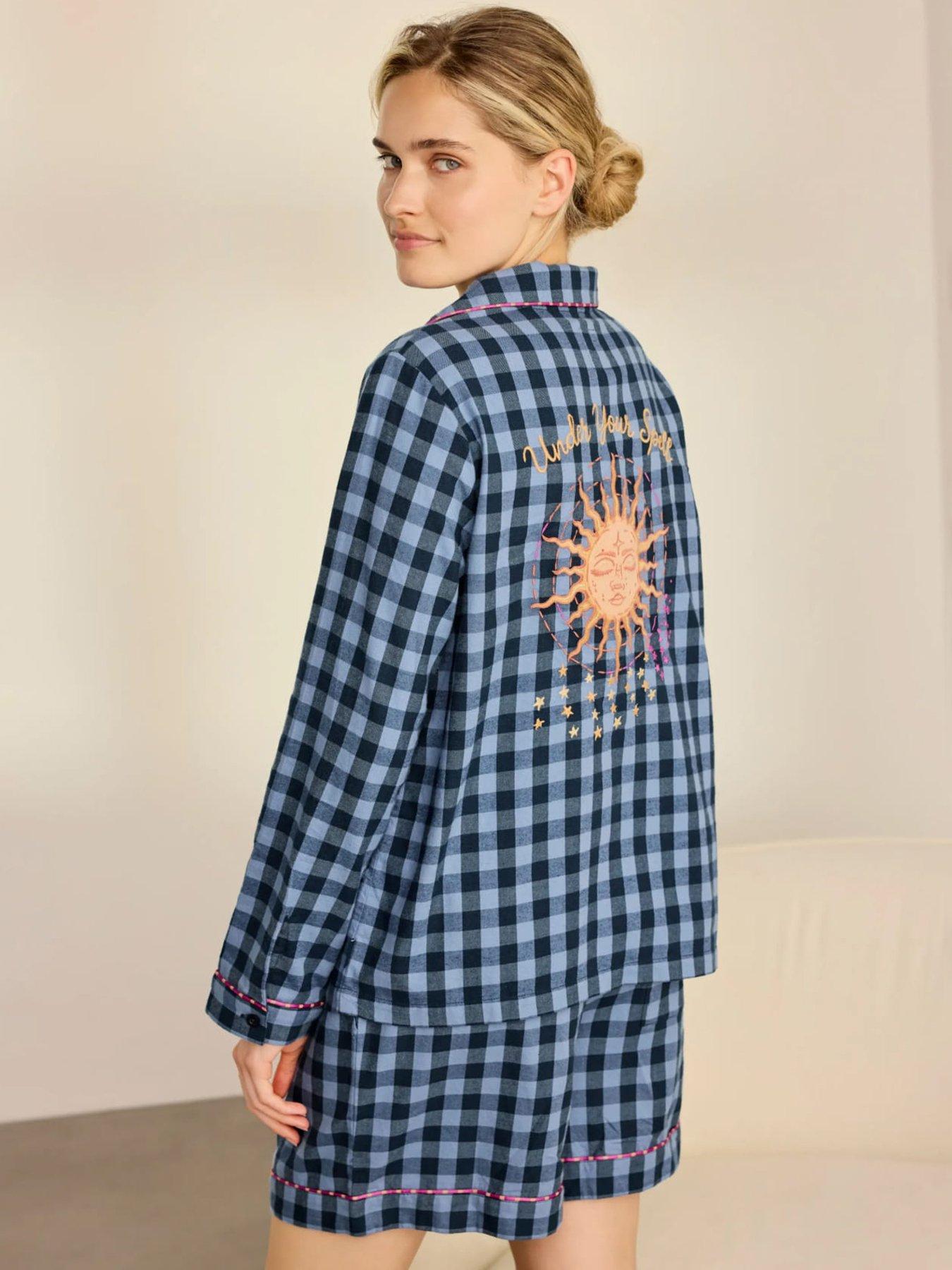 Image 2 of 6 of CHELSEA PEERS Organic Cotton Embroidered Gingham Under Your Spell Print Short Pyjama Set - Navy
