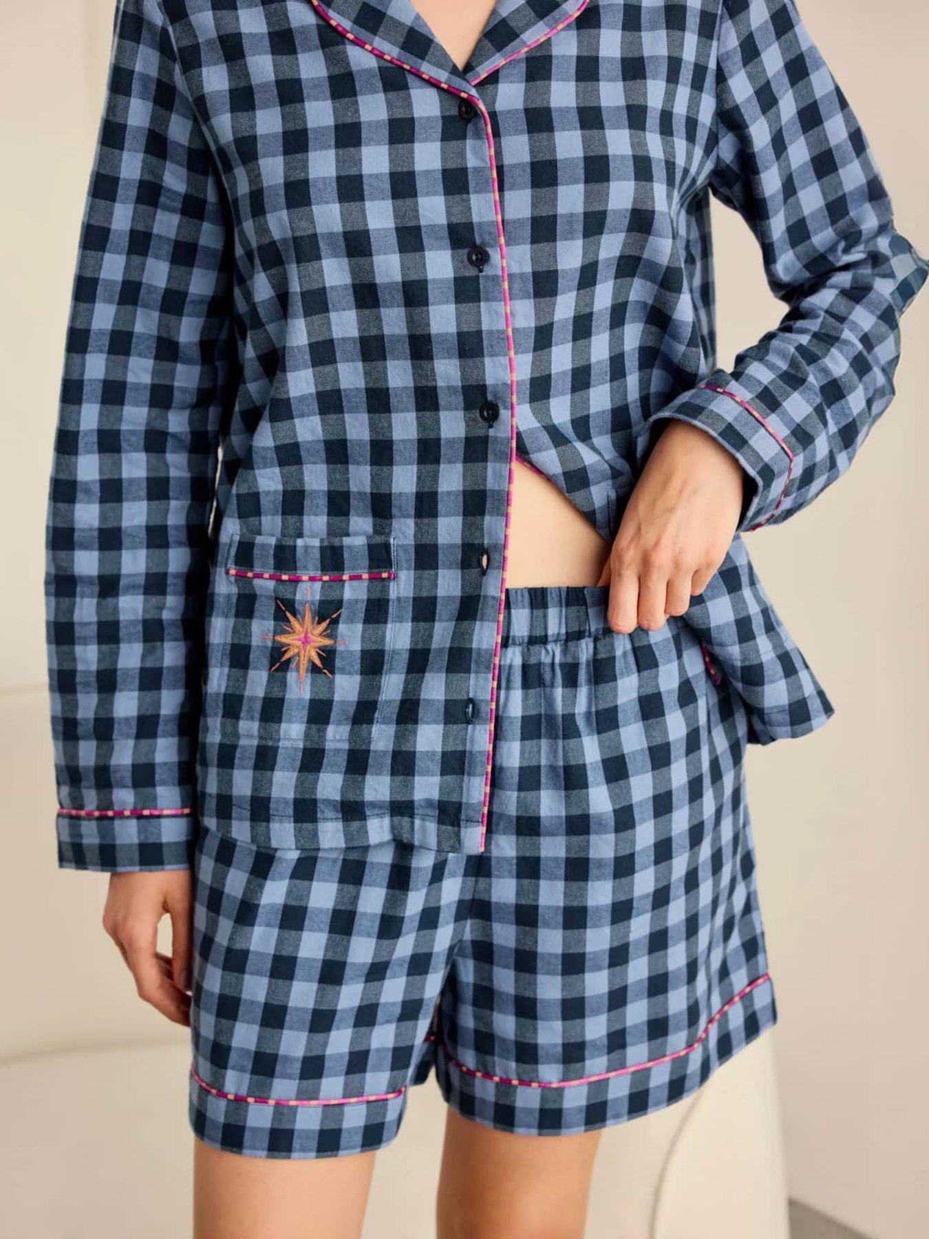 Image 3 of 6 of CHELSEA PEERS Organic Cotton Embroidered Gingham Under Your Spell Print Short Pyjama Set - Navy