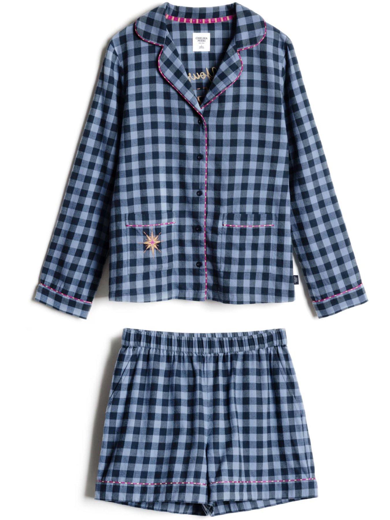 Image 4 of 6 of CHELSEA PEERS Organic Cotton Embroidered Gingham Under Your Spell Print Short Pyjama Set - Navy