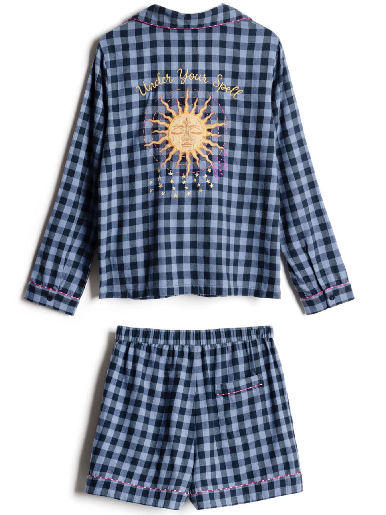 Image 5 of 6 of CHELSEA PEERS Organic Cotton Embroidered Gingham Under Your Spell Print Short Pyjama Set - Navy