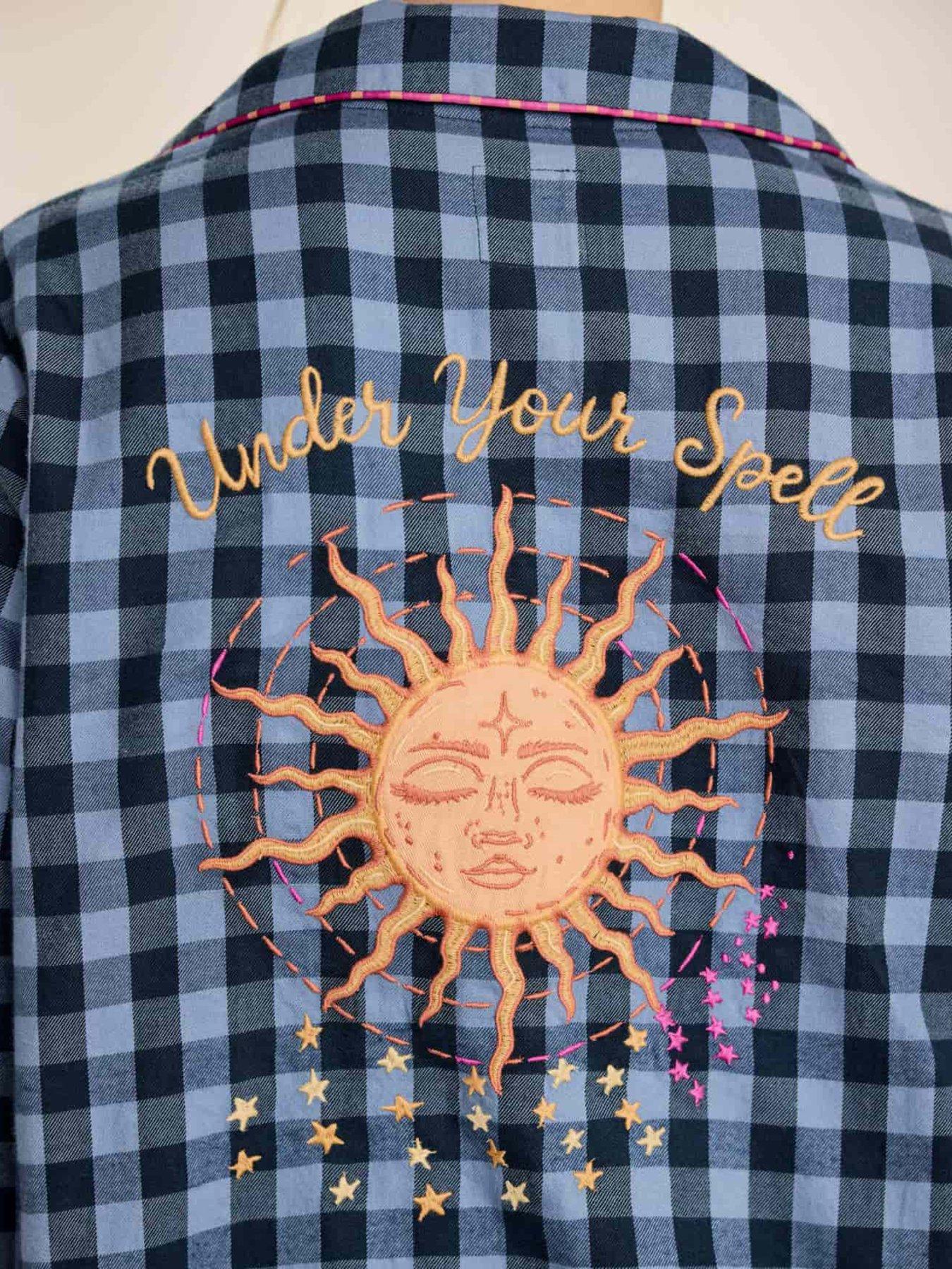 Image 6 of 6 of CHELSEA PEERS Organic Cotton Embroidered Gingham Under Your Spell Print Short Pyjama Set - Navy
