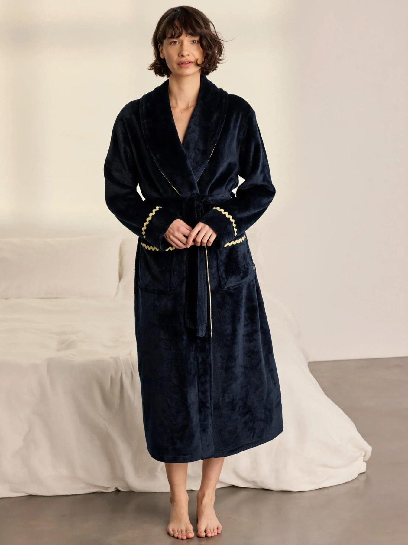 CHELSEA PEERS Fleece Embroidered Good Night Long Dressing Gown - Navy