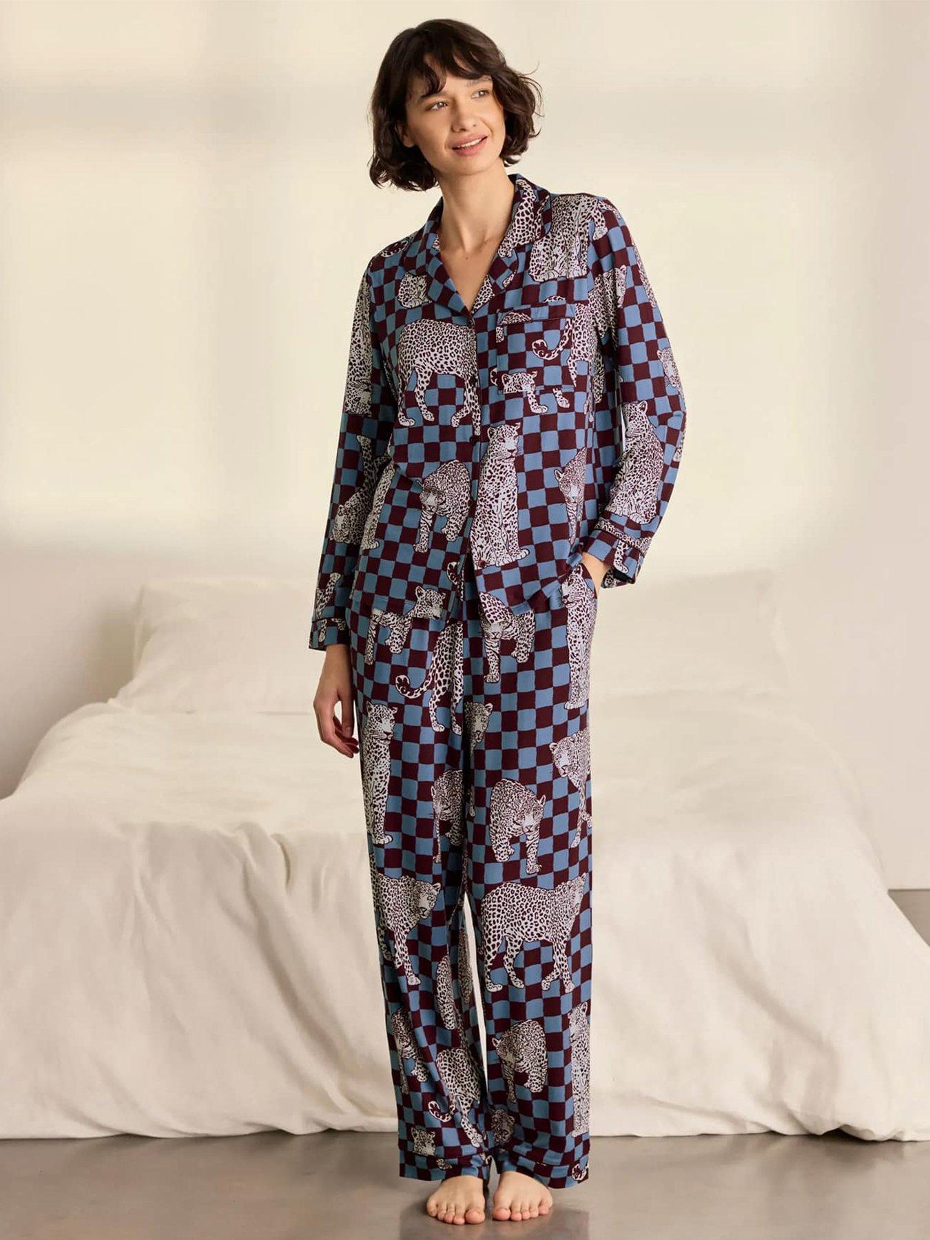 CHELSEA PEERS Midnight Checkerboard Leopard Print Long Pyjama Set - Multi