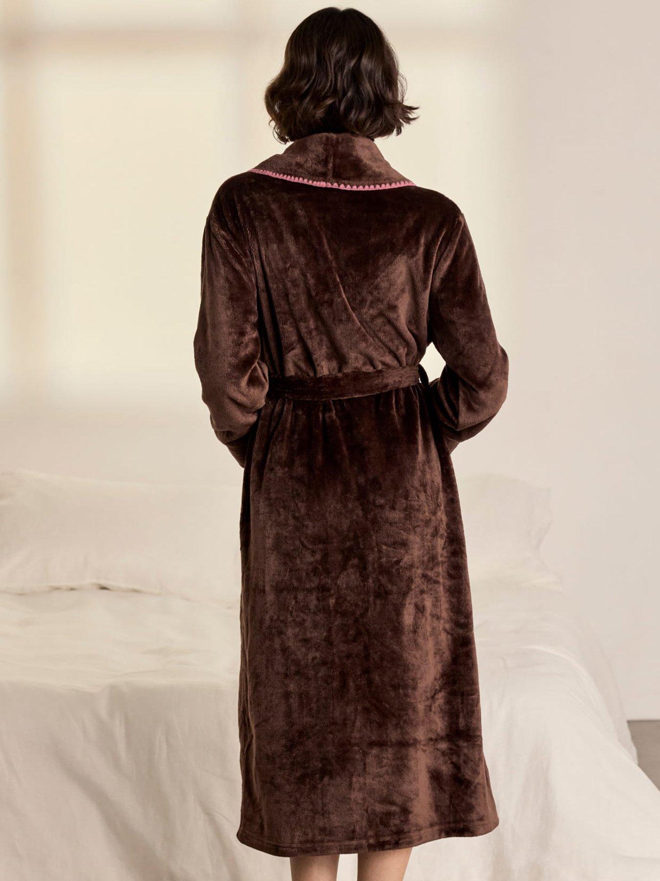 Image 2 of 6 of CHELSEA PEERS Fleece Long Dressing Gown - Brown &amp; Pink
