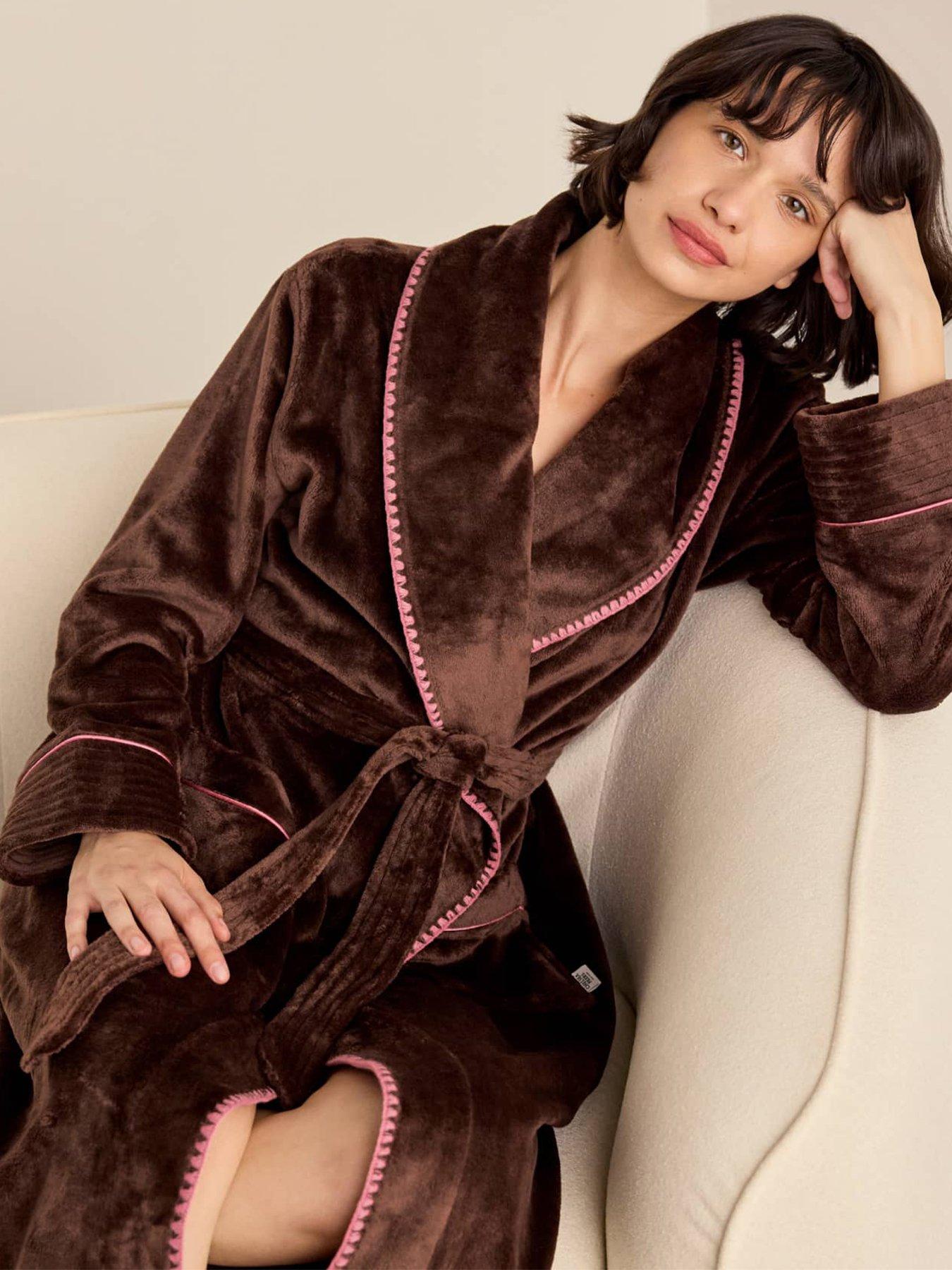 Image 3 of 6 of CHELSEA PEERS Fleece Long Dressing Gown - Brown &amp; Pink
