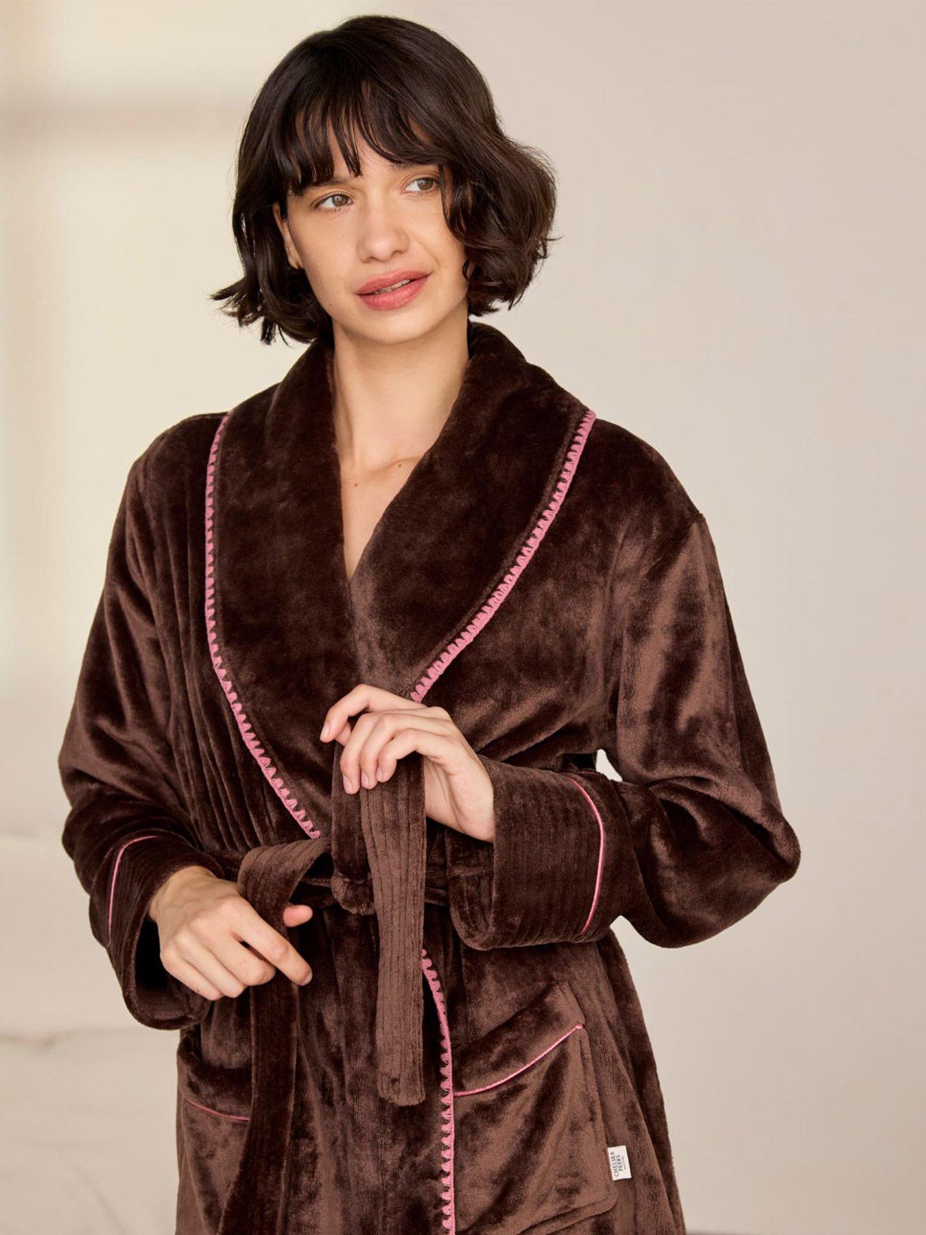 Image 4 of 6 of CHELSEA PEERS Fleece Long Dressing Gown - Brown &amp; Pink