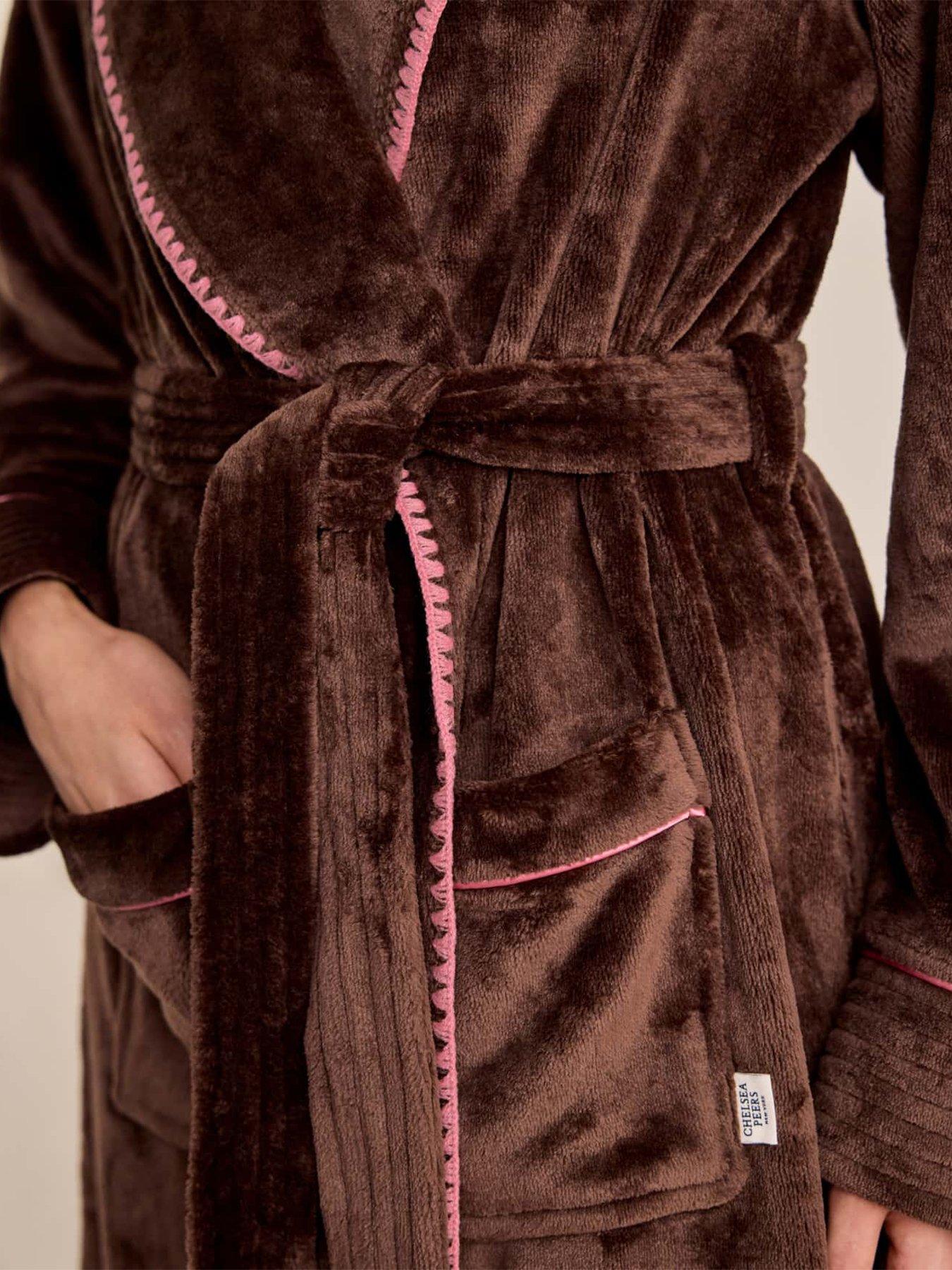 Image 5 of 6 of CHELSEA PEERS Fleece Long Dressing Gown - Brown &amp; Pink