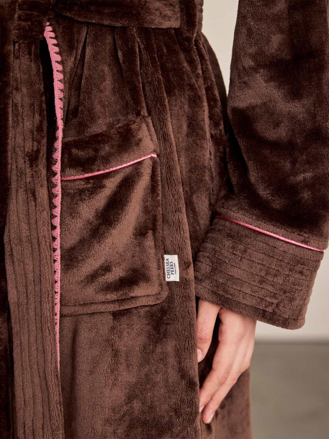 Image 6 of 6 of CHELSEA PEERS Fleece Long Dressing Gown - Brown &amp; Pink