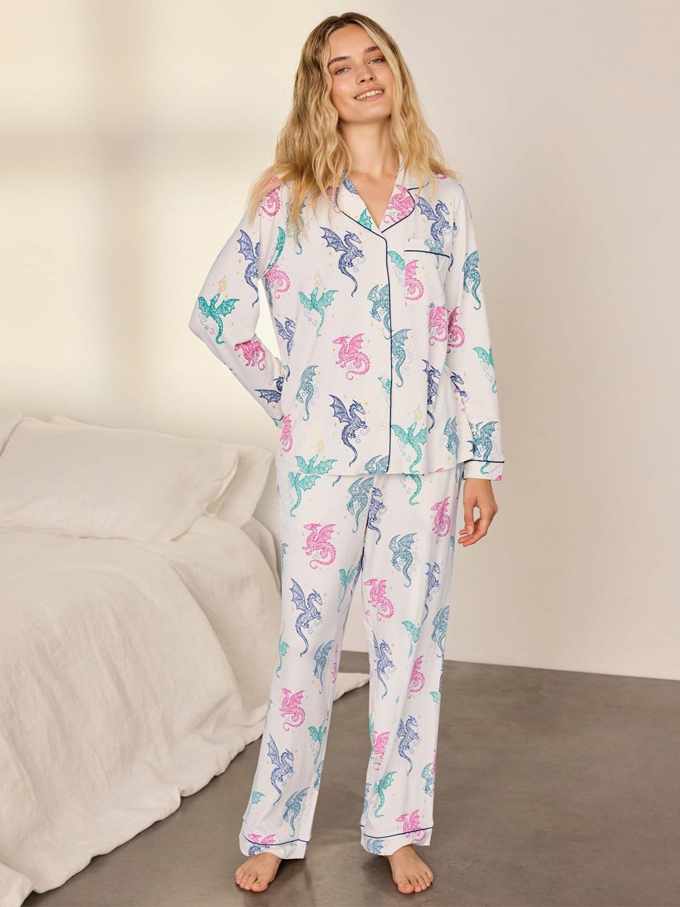 CHELSEA PEERS Rainbow Dragon Print Long Pyjama Set - Off White