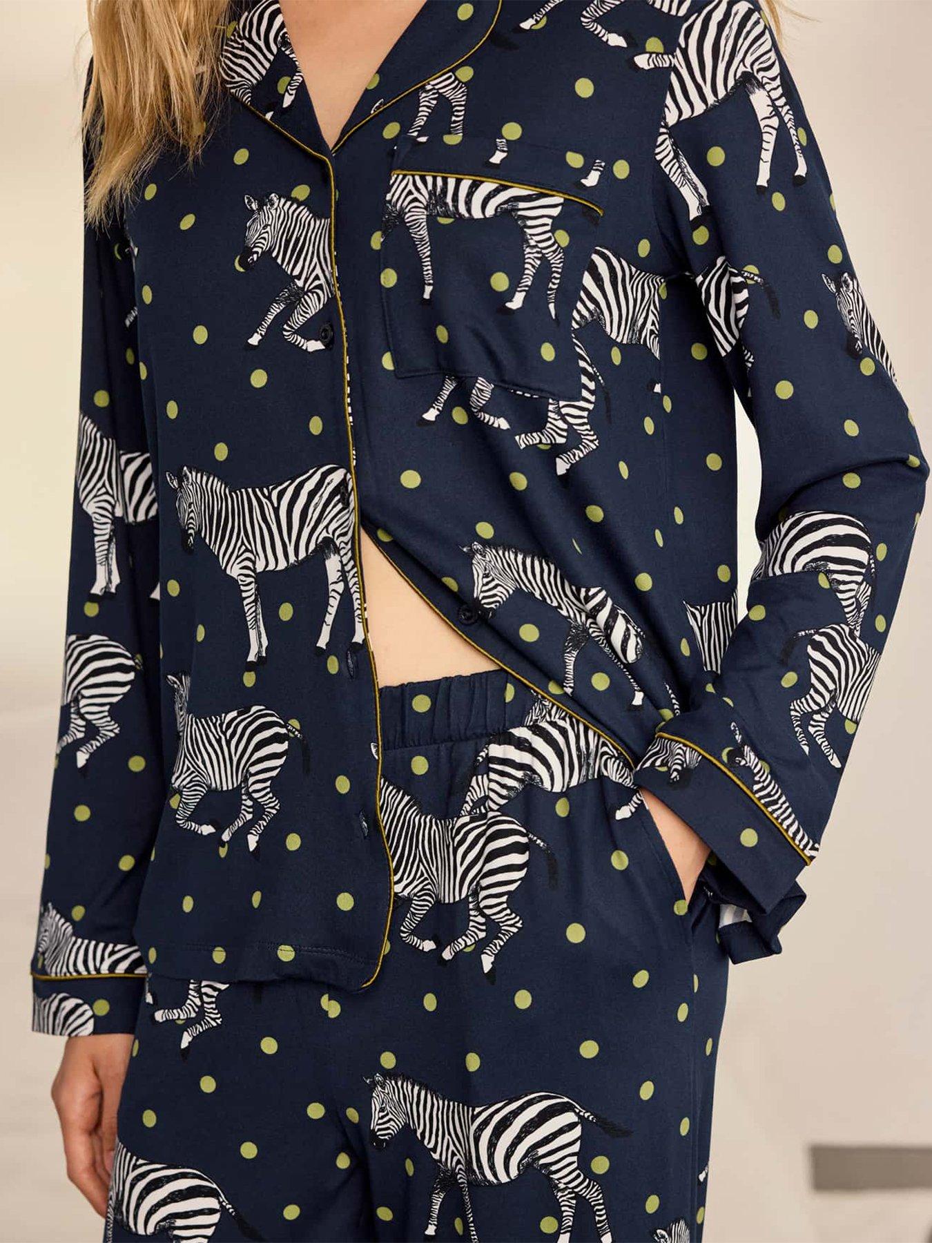 Image 4 of 6 of CHELSEA PEERS Polka Dot Zebra Print Long Pyjama Set - Navy