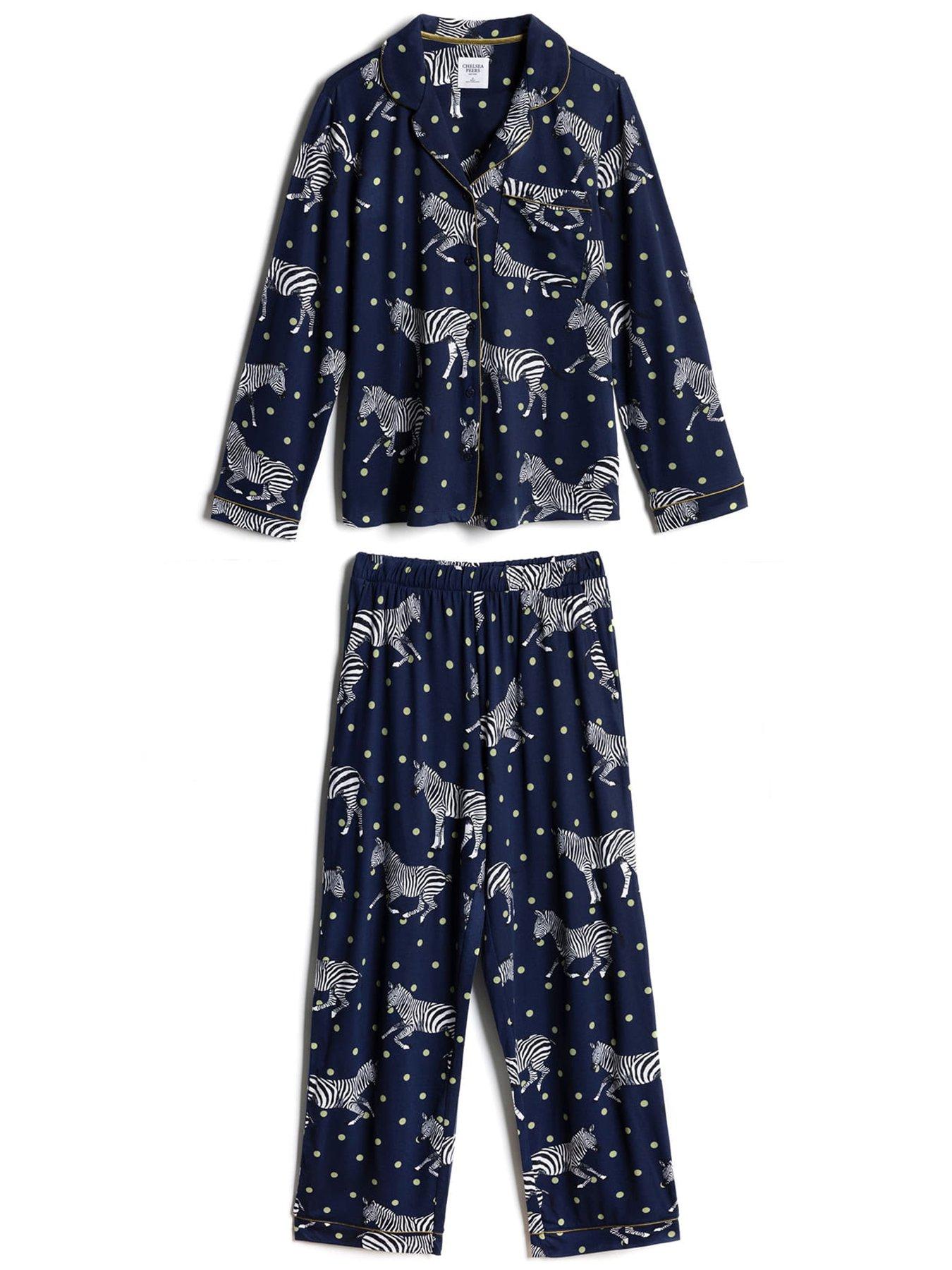 Image 5 of 6 of CHELSEA PEERS Polka Dot Zebra Print Long Pyjama Set - Navy