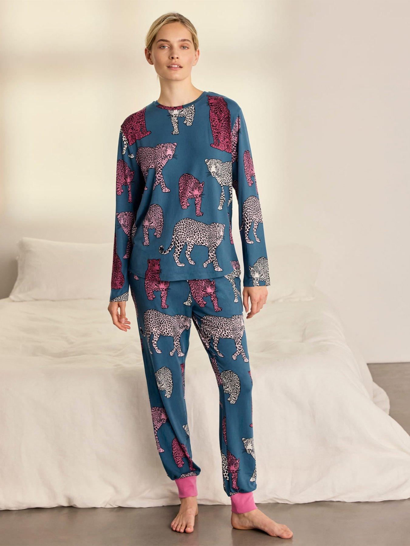 CHELSEA PEERS Jewel Leopard Print Long Pyjama Set - Teal