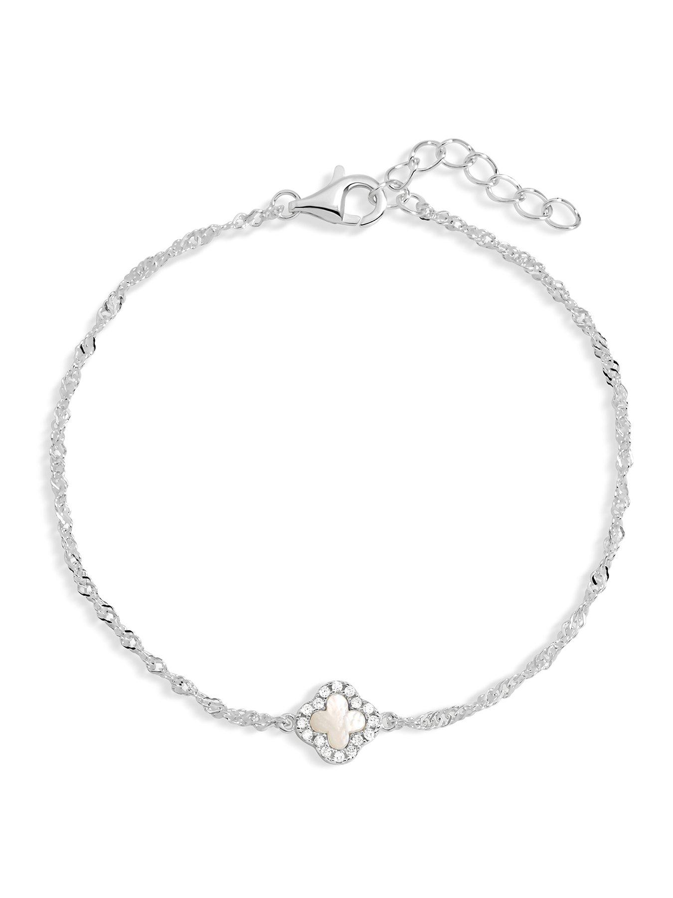 Simply Silver Simply Silver 925 Sterling Silver Pave And Mother Of Pearl Clover Bracelet - Gift Pouch