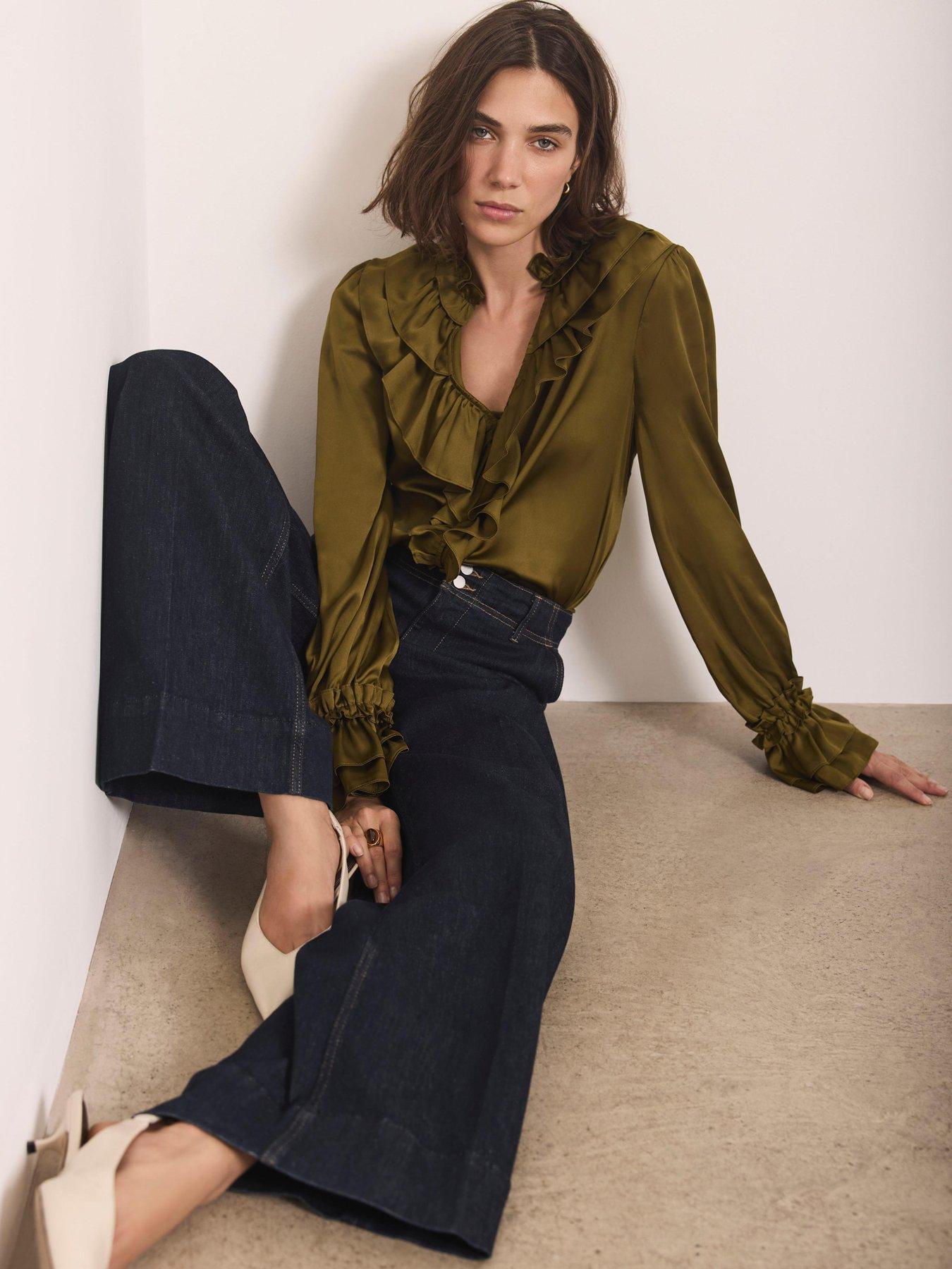 Mint Velvet Green Satin Ruffle Blouse