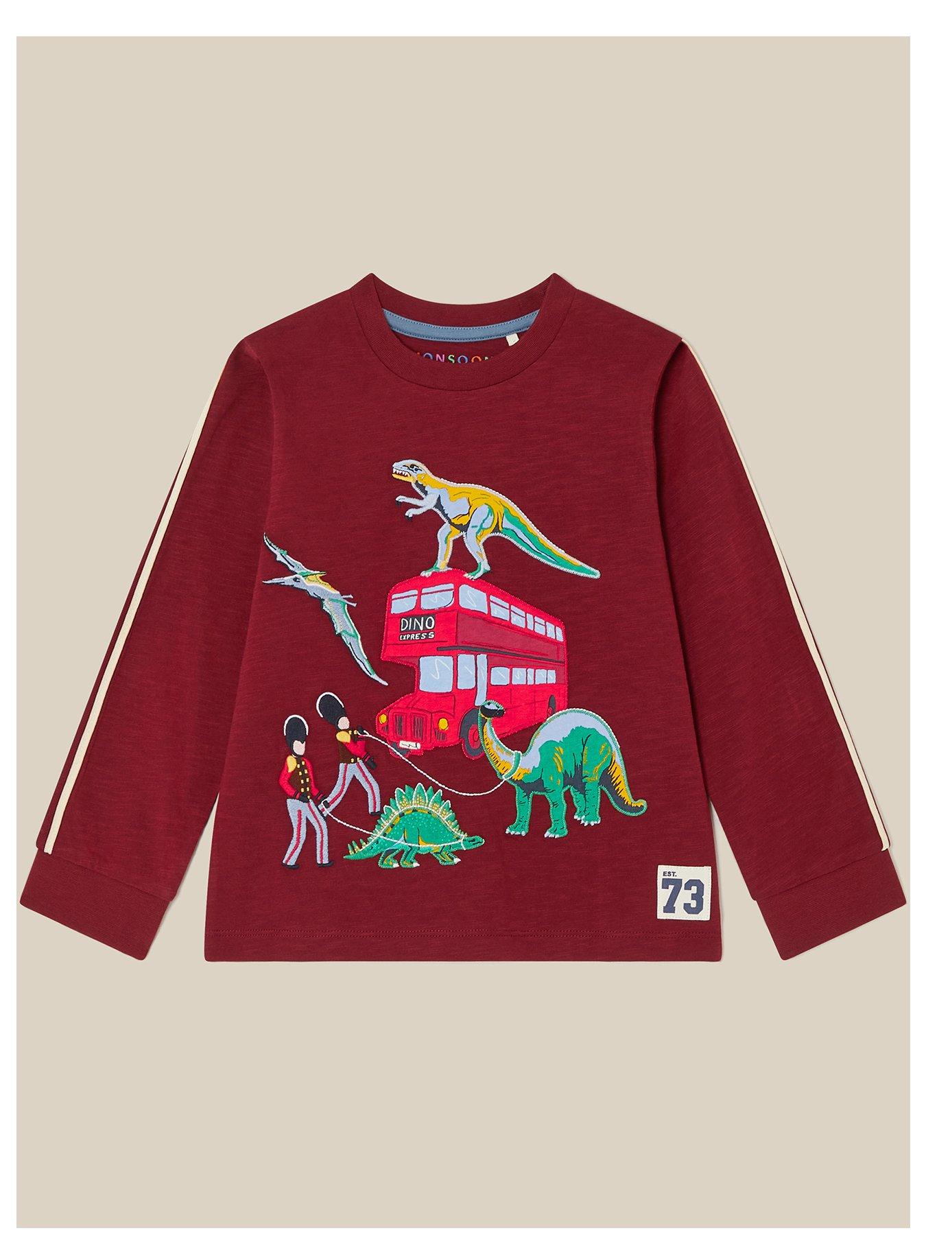 Image 1 of 3 of Monsoon Boys London Bus Dino Graphic Long Sleeve T-Shirt - Dark Red