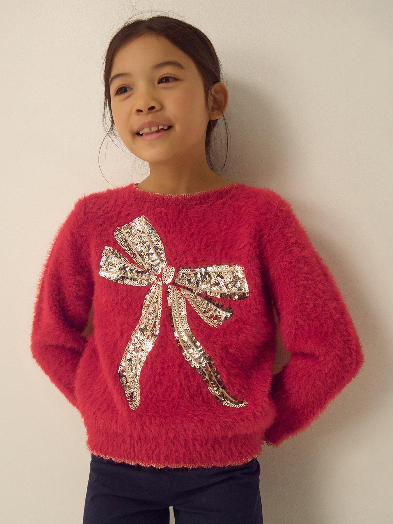 Image 1 of 4 of Monsoon Girls Sequin Bow Eyelash Knitted Jumper - Red