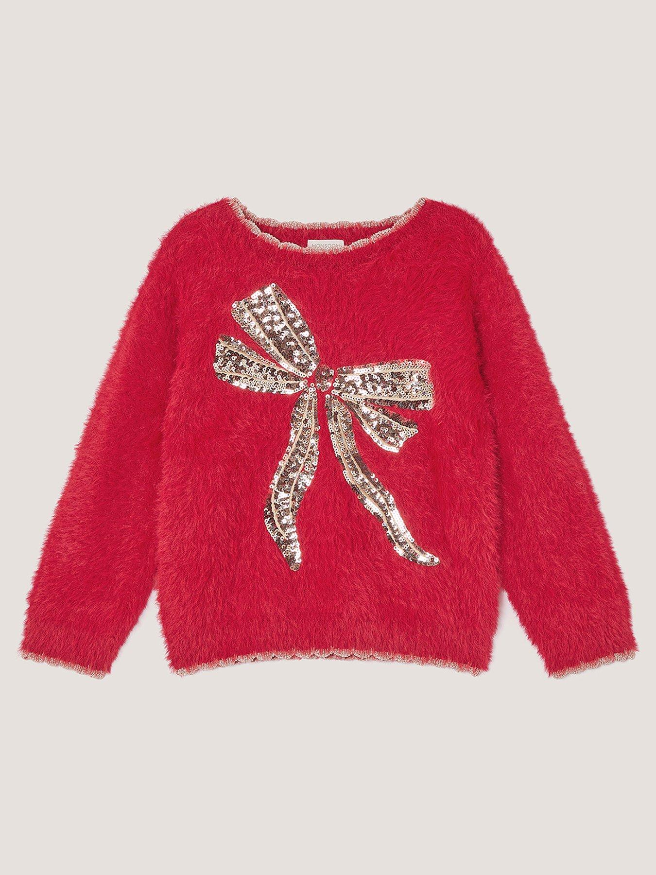 Image 2 of 4 of Monsoon Girls Sequin Bow Eyelash Knitted Jumper - Red