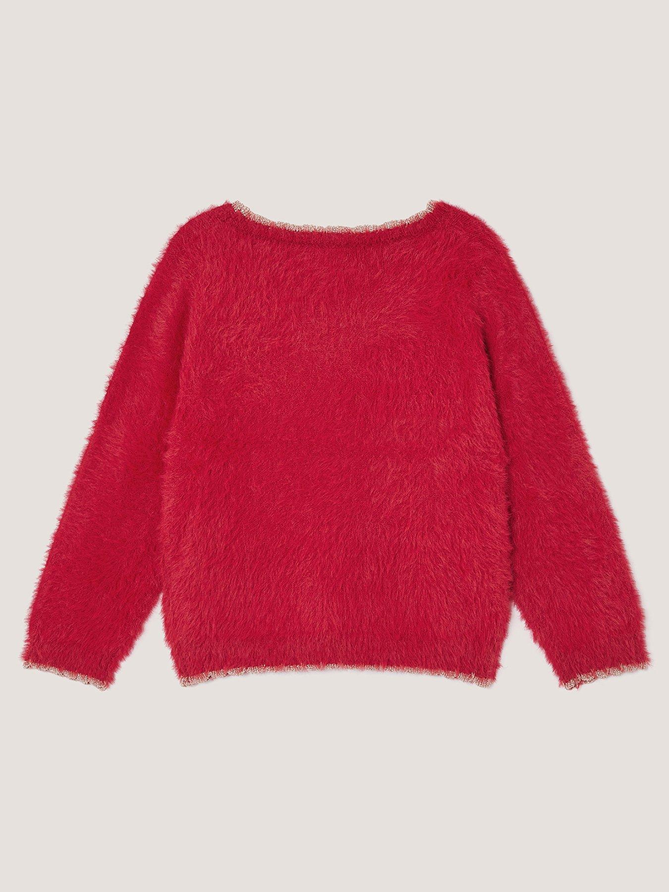 Image 3 of 4 of Monsoon Girls Sequin Bow Eyelash Knitted Jumper - Red