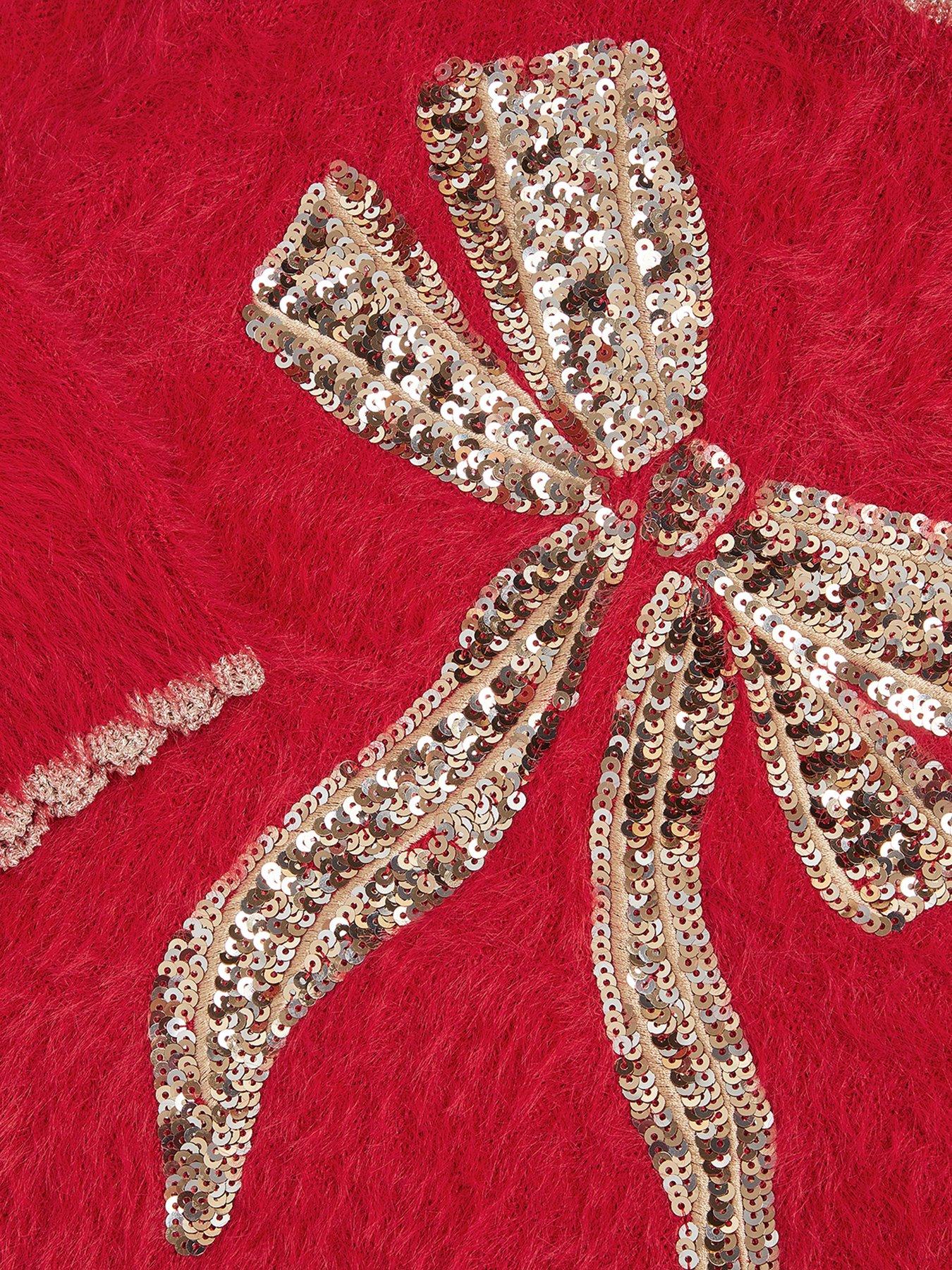 Image 4 of 4 of Monsoon Girls Sequin Bow Eyelash Knitted Jumper - Red