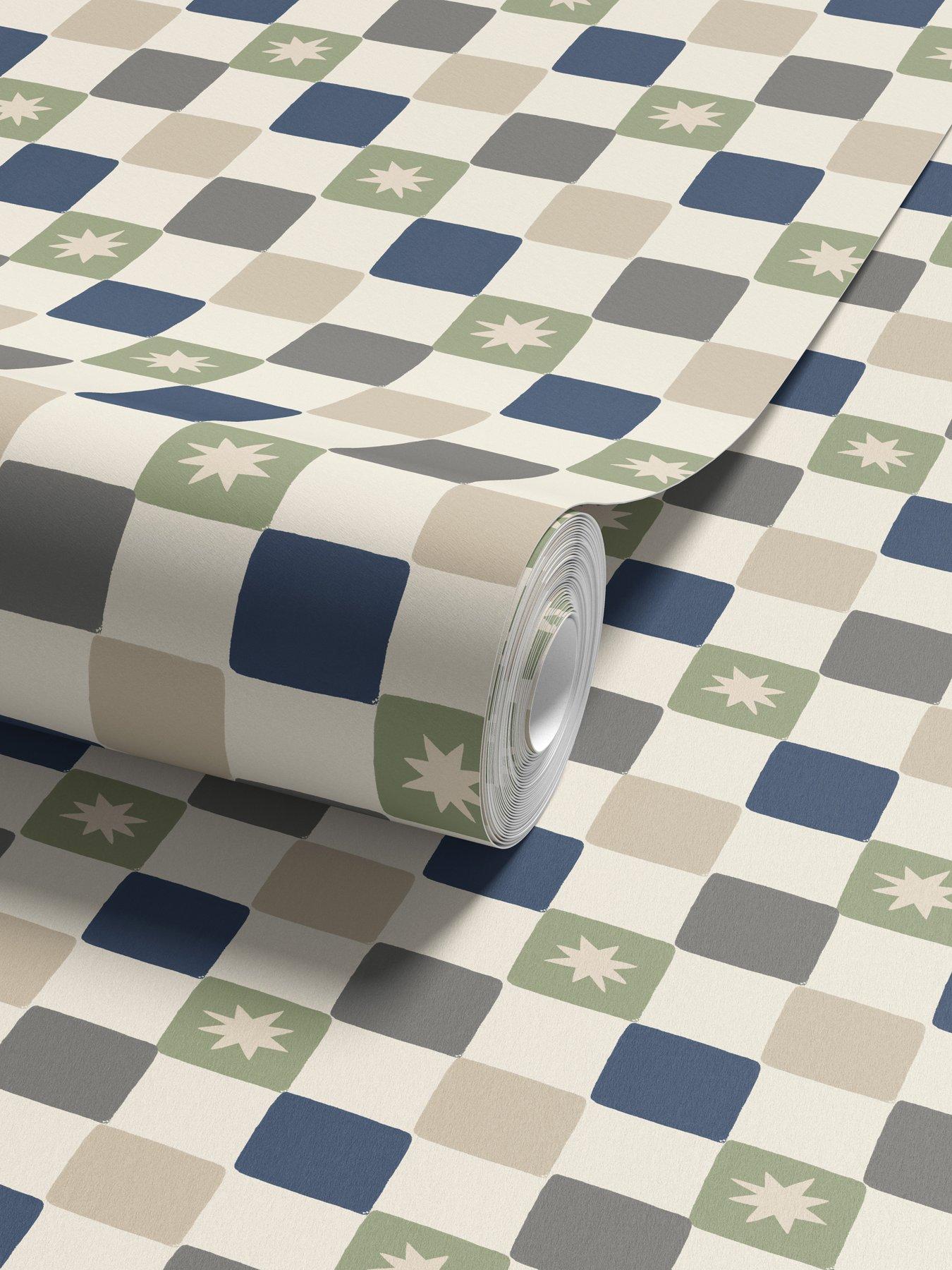 Image 2 of 4 of ARTHOUSE Chequer Star Sage Green & Navy Blue Wallpaper