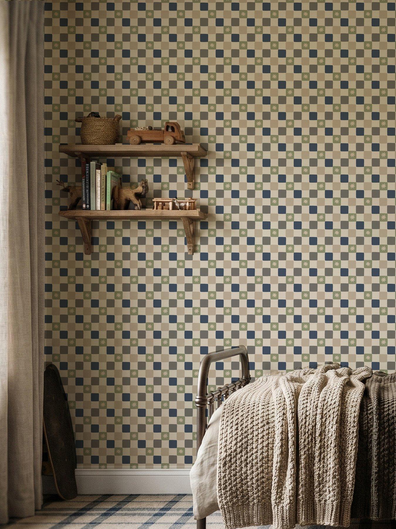 Image 3 of 4 of ARTHOUSE Chequer Star Sage Green & Navy Blue Wallpaper