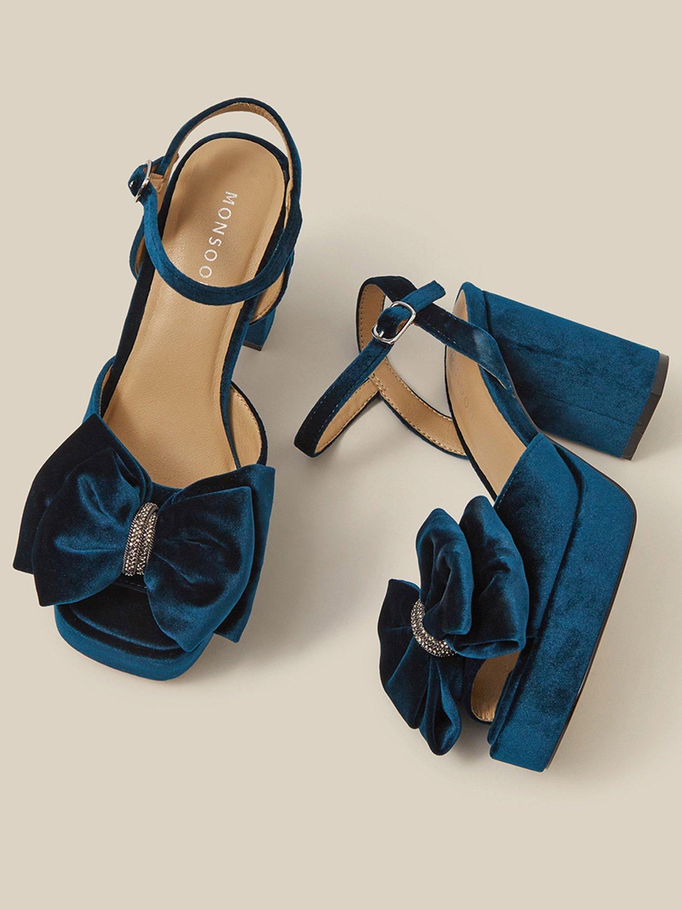 Image 2 of 3 of Monsoon Womens Roxi Velvet Bow Platform Heeled Shoes - Blue