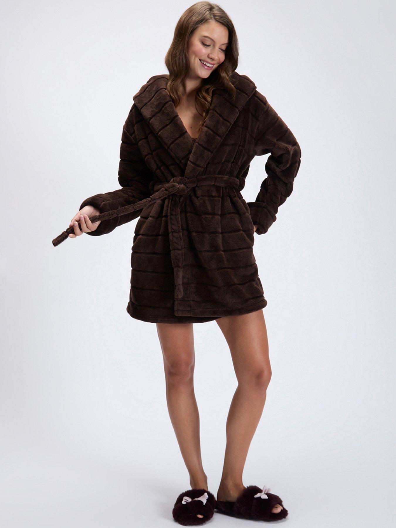 Image 3 of 7 of Boux Avenue Fluffy Stripe Short Gown - Chocolate