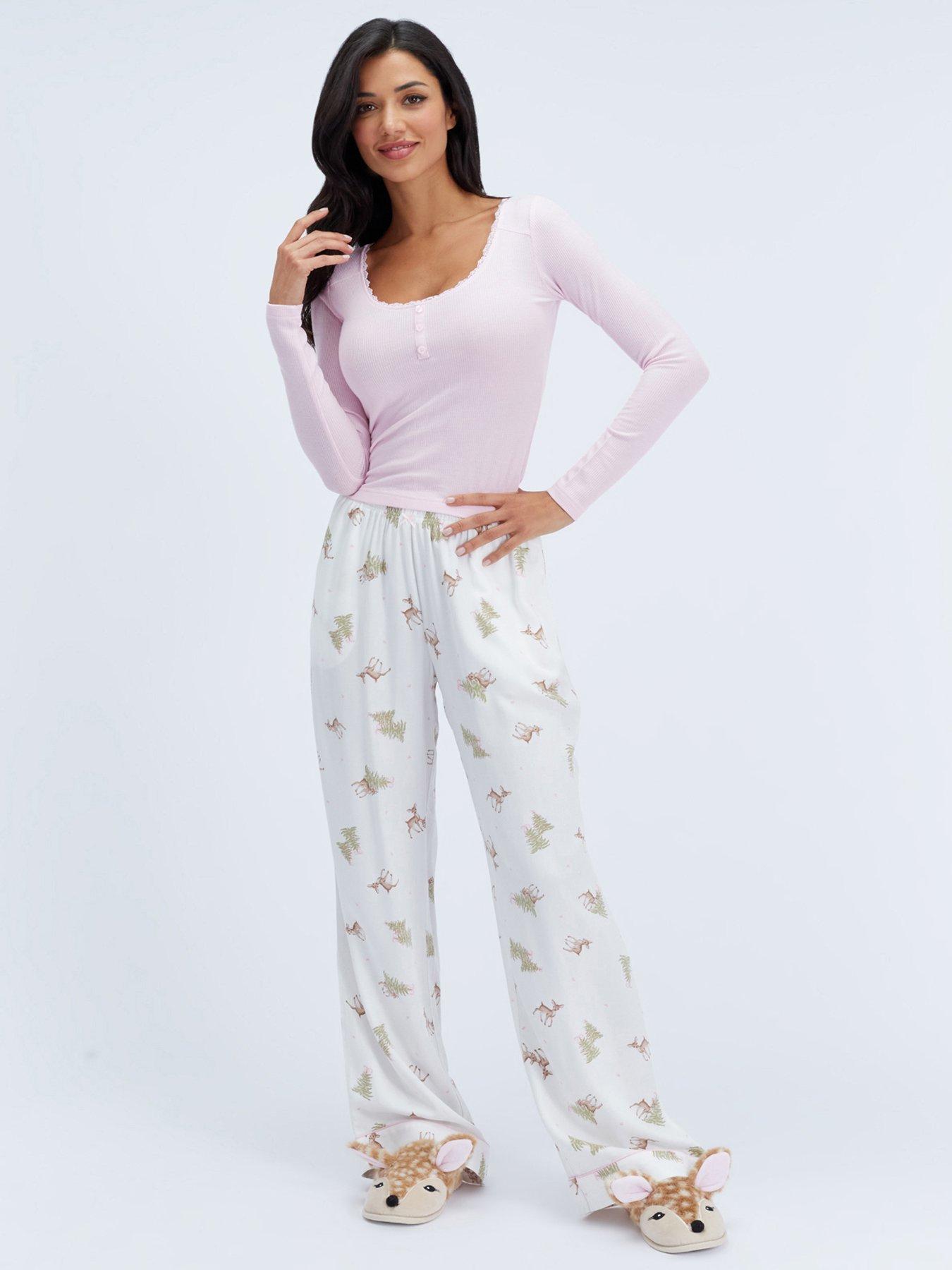 Image 1 of 6 of Boux Avenue Boux Avenue Waffle Top &amp; Deer Woven Pant - Pink Mix