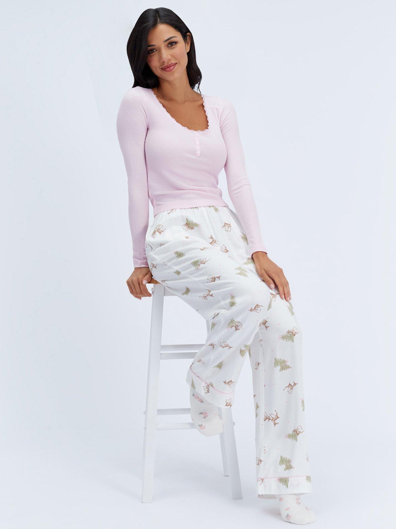 Image 3 of 6 of Boux Avenue Boux Avenue Waffle Top &amp; Deer Woven Pant - Pink Mix