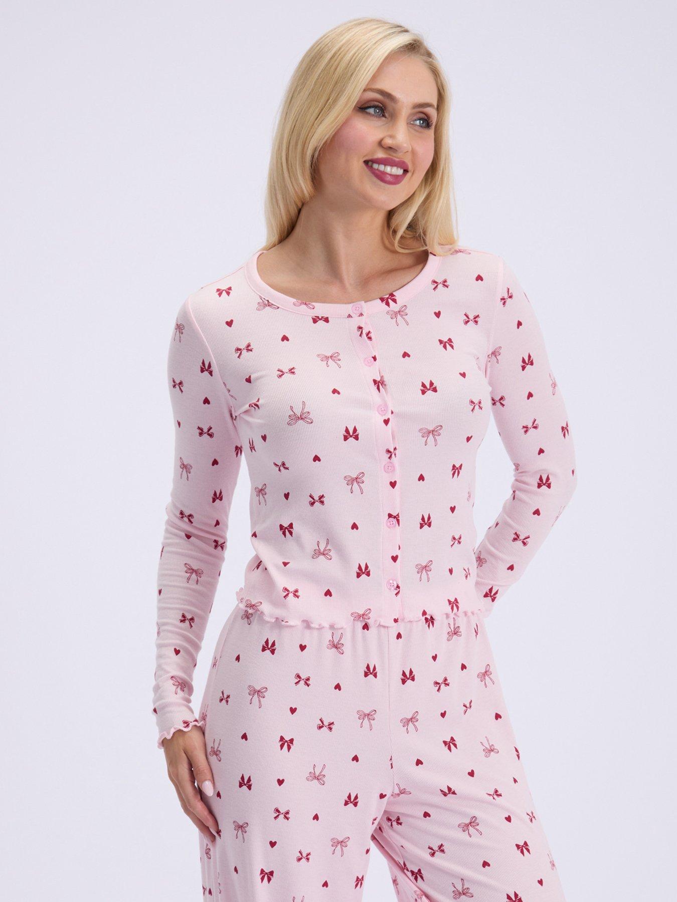 Image 3 of 5 of Boux Avenue Womens Bow Rib Button Front Pyjama Set - Pink