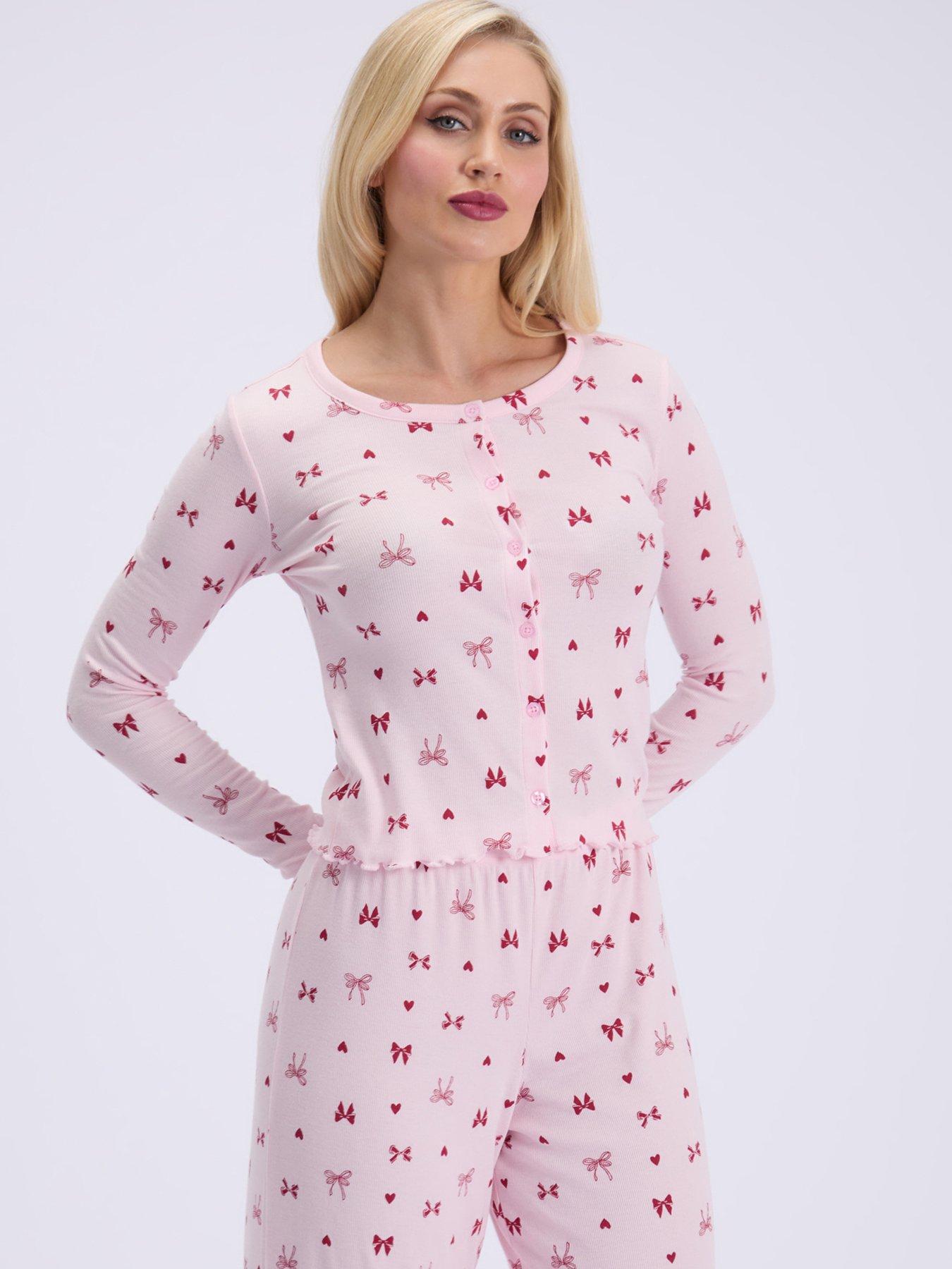 Image 4 of 5 of Boux Avenue Womens Bow Rib Button Front Pyjama Set - Pink