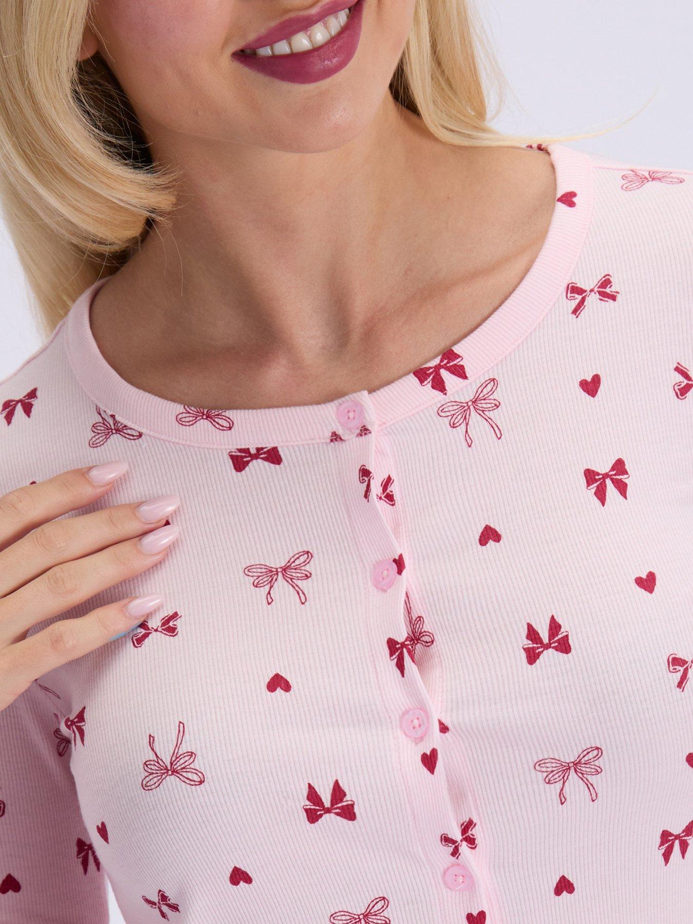 Image 5 of 5 of Boux Avenue Womens Bow Rib Button Front Pyjama Set - Pink