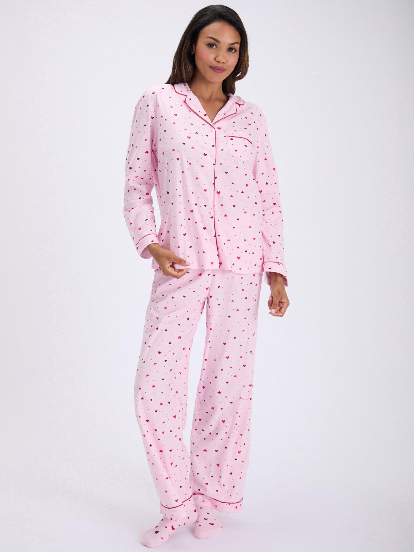 Image 1 of 7 of Boux Avenue Womens Button-Through Heart Print Long Set Pyjamas - Pink