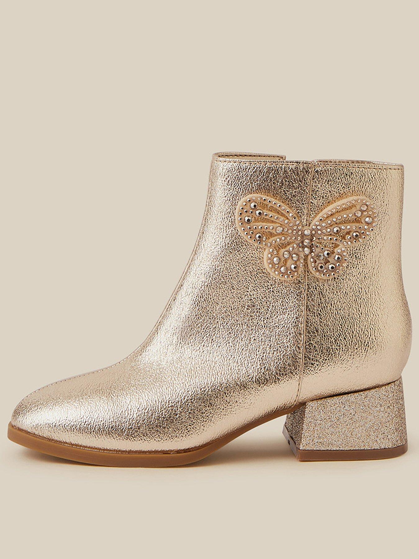 Image 1 of 3 of Monsoon Girls Metallic Butterfly Block Heel Boots - Gold