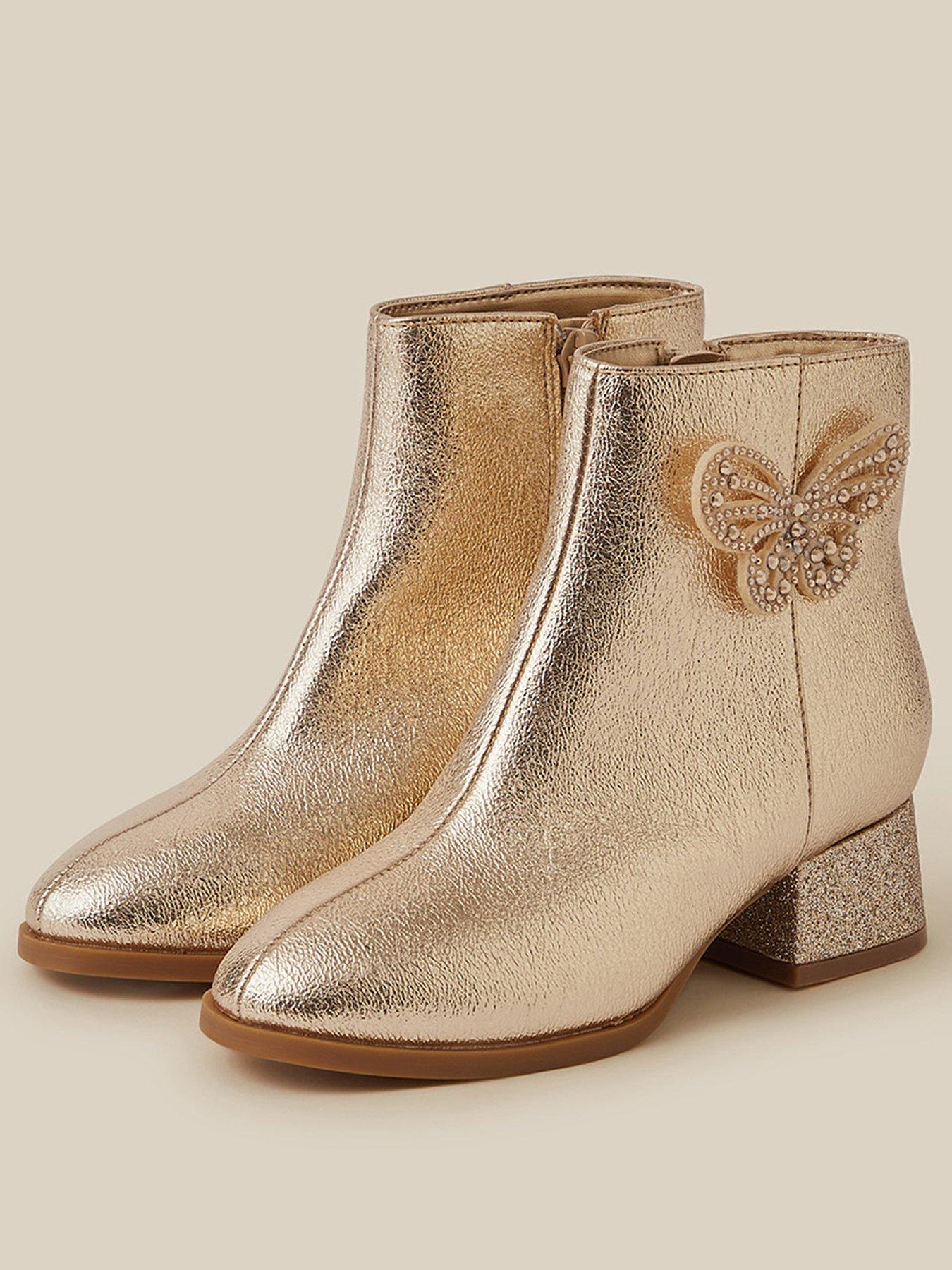 Image 2 of 3 of Monsoon Girls Metallic Butterfly Block Heel Boots - Gold
