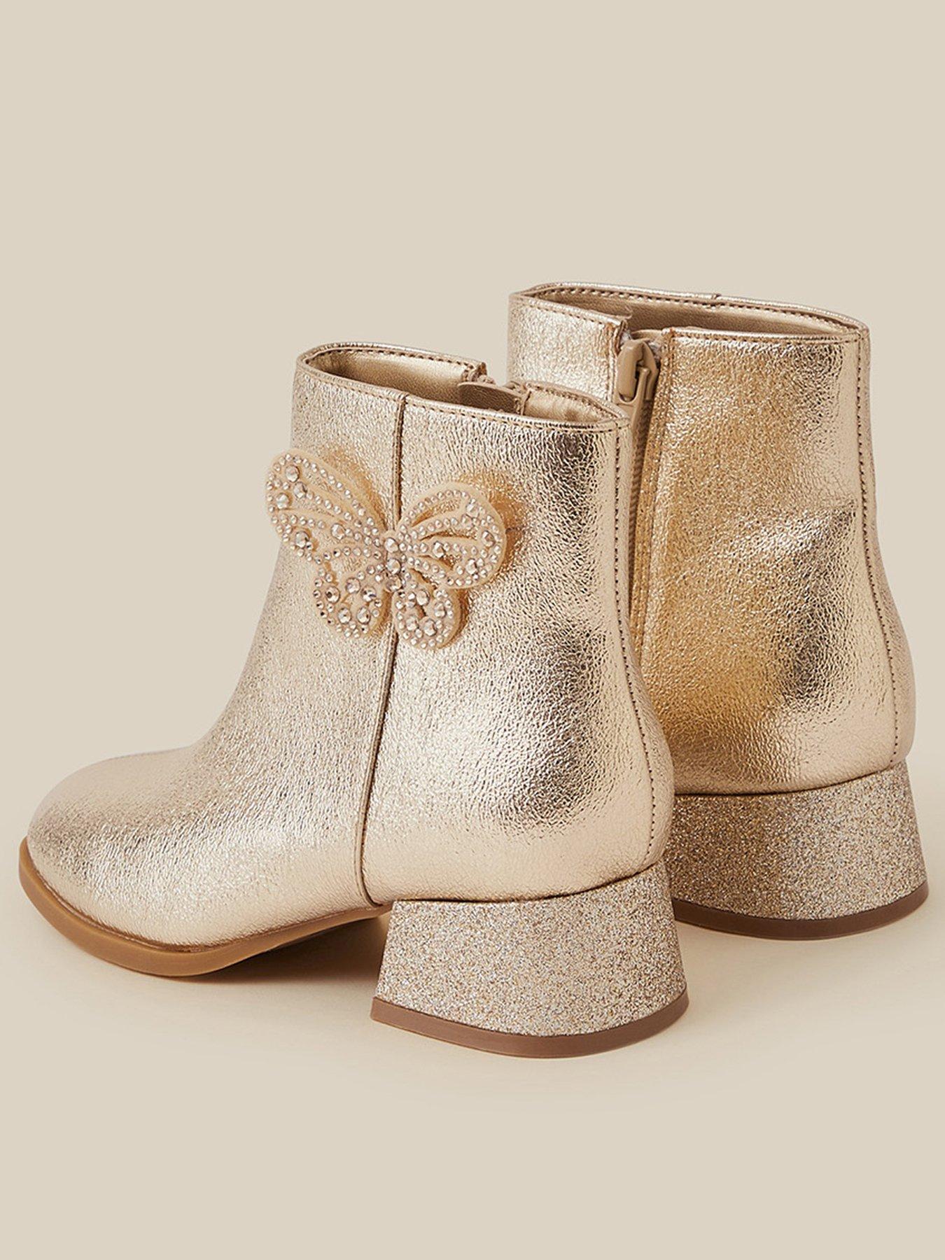 Image 3 of 3 of Monsoon Girls Metallic Butterfly Block Heel Boots - Gold
