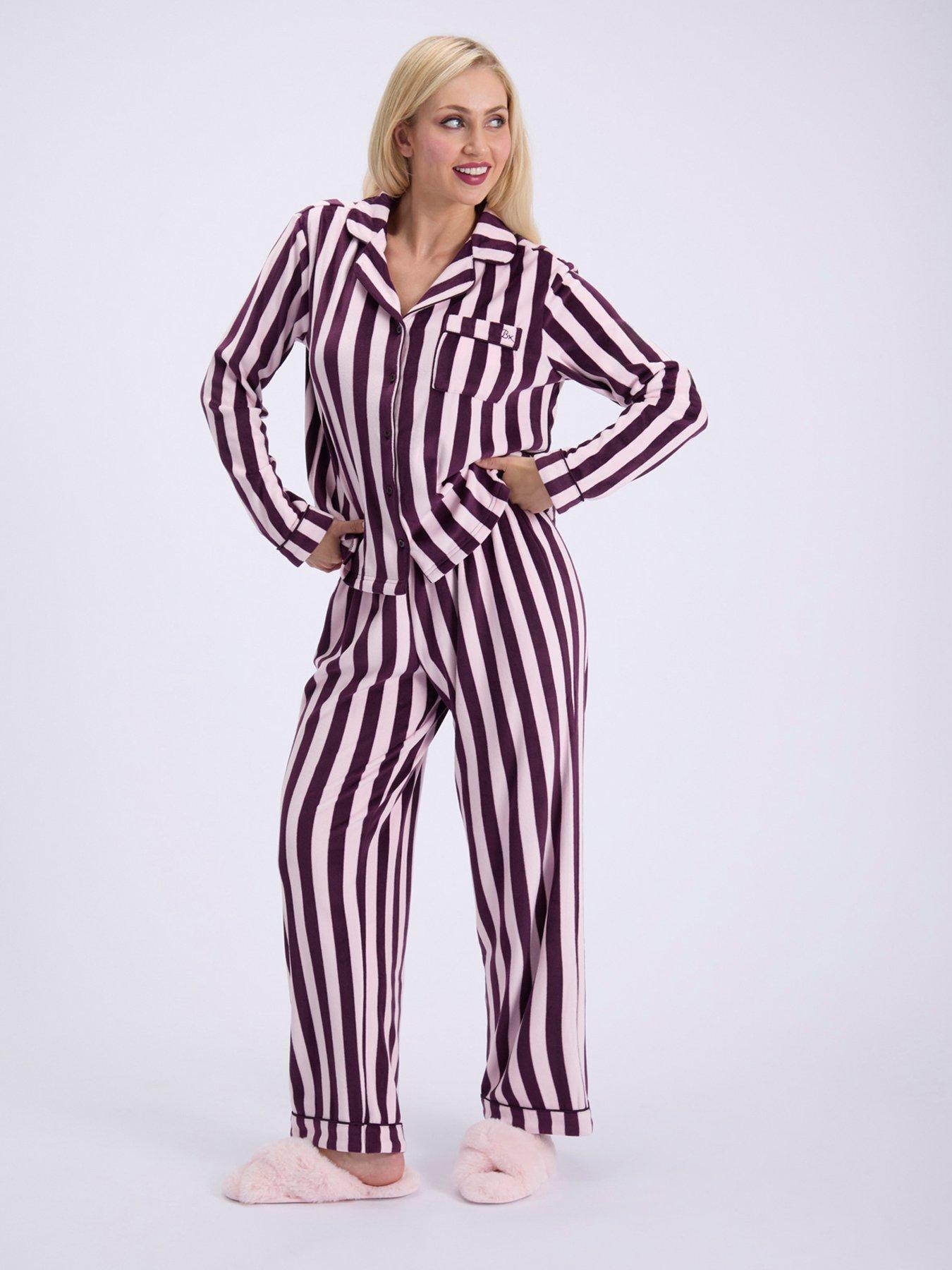 Image 1 of 6 of Boux Avenue Stripe Velour Pyjama Set - Purple Mix