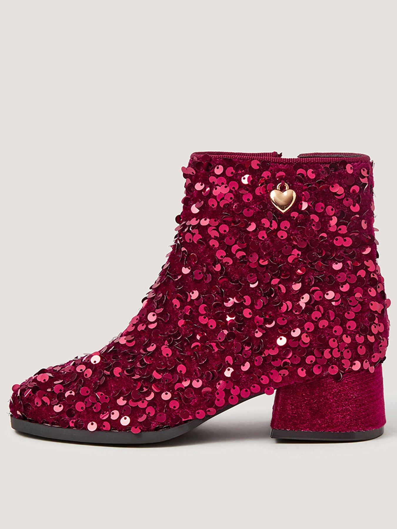 Image 1 of 3 of Monsoon Girls Sequin Side Zip Party Boots - Dark Red