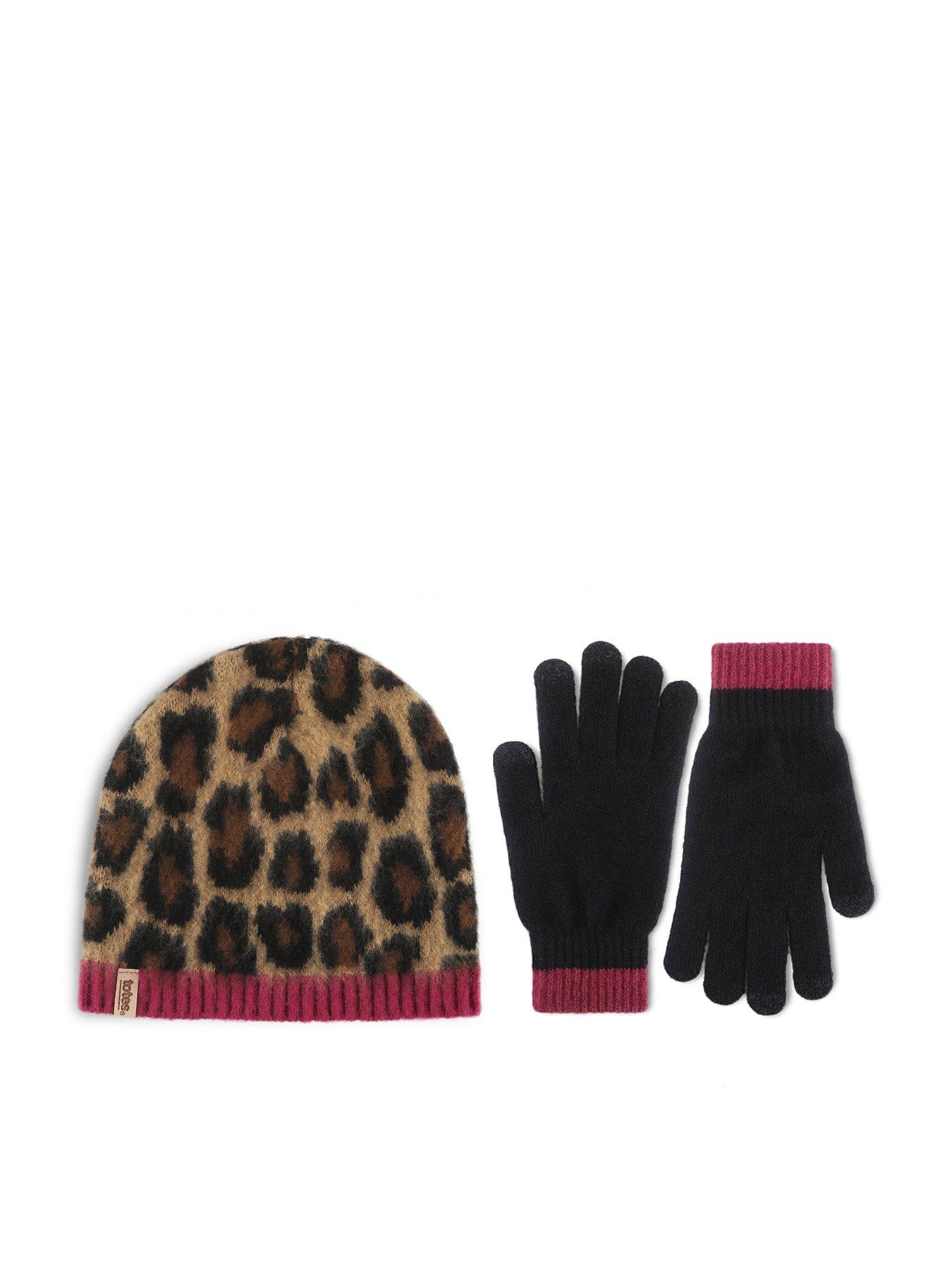 Image 1 of 6 of TOTES Totes Womens Leopard Beanie Hat &amp; Gloves With Smartouch - Leopard/black Mix