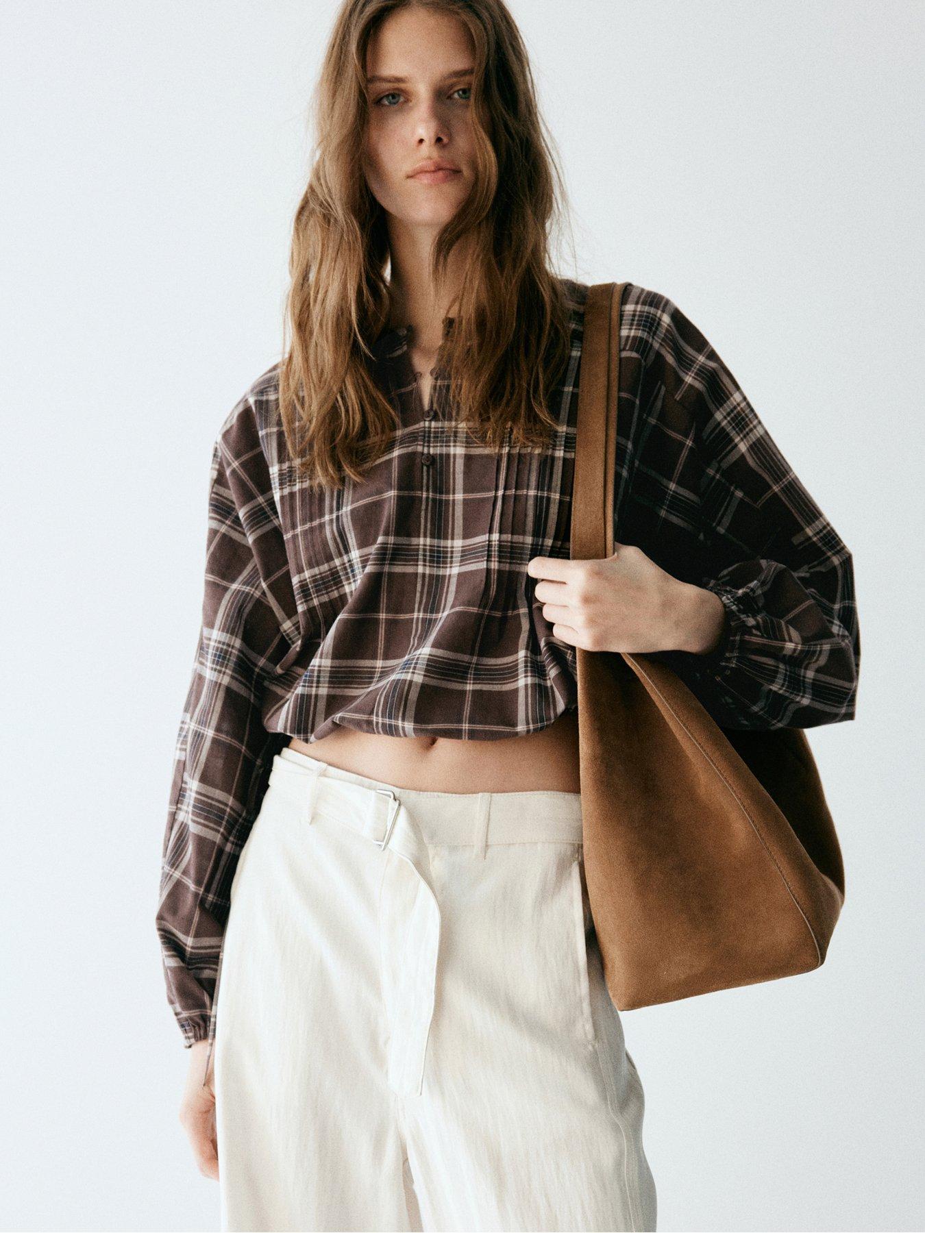 Image 1 of 7 of Mango Womens Checked Side Tie Puffed Sleeve Shirt - Brown
