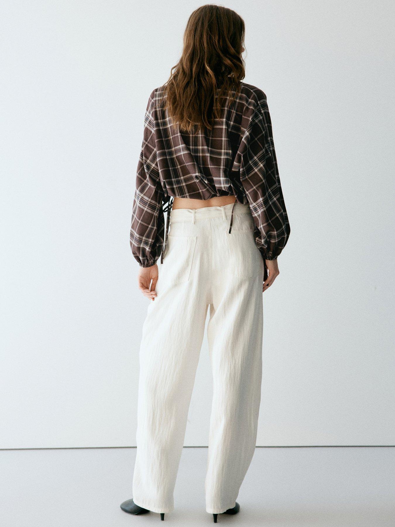 Image 2 of 7 of Mango Womens Checked Side Tie Puffed Sleeve Shirt - Brown