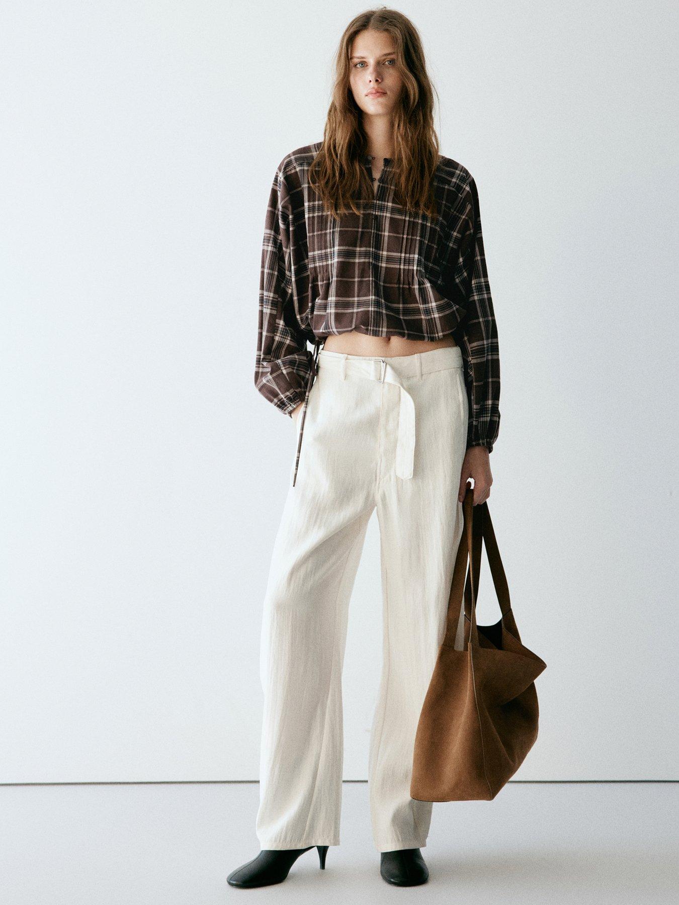 Image 3 of 7 of Mango Womens Checked Side Tie Puffed Sleeve Shirt - Brown