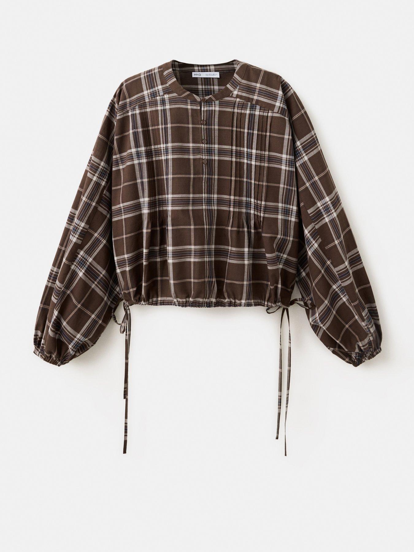 Image 7 of 7 of Mango Womens Checked Side Tie Puffed Sleeve Shirt - Brown
