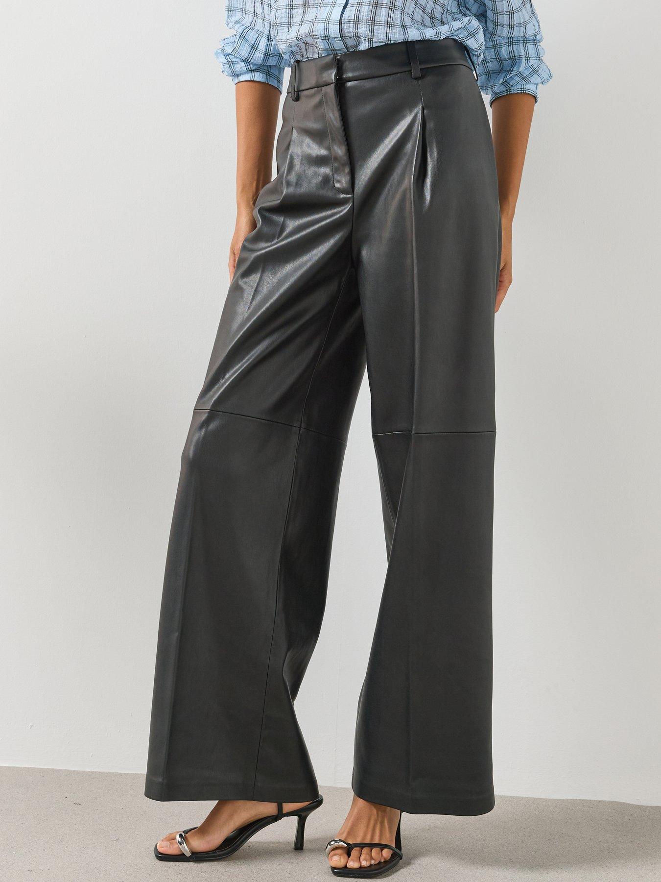 Image 1 of 6 of Mango Wide Leg Faux Leather Trousers - Black