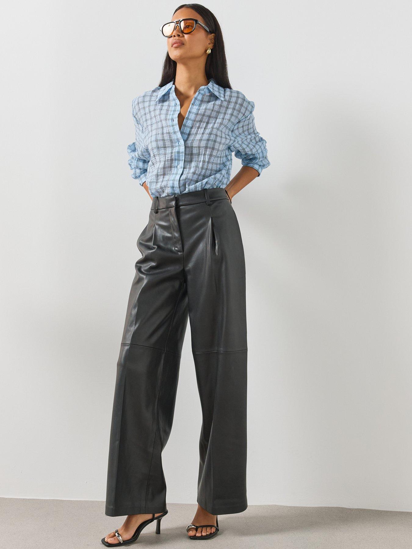 Image 3 of 6 of Mango Wide Leg Faux Leather Trousers - Black