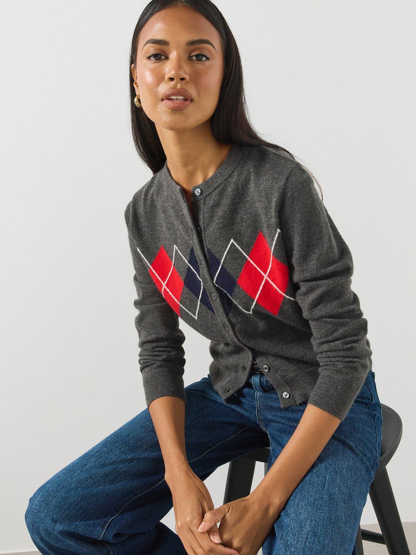 Image 1 of 6 of Mango Argyle Pattern Button-Front Cardigan - Grey