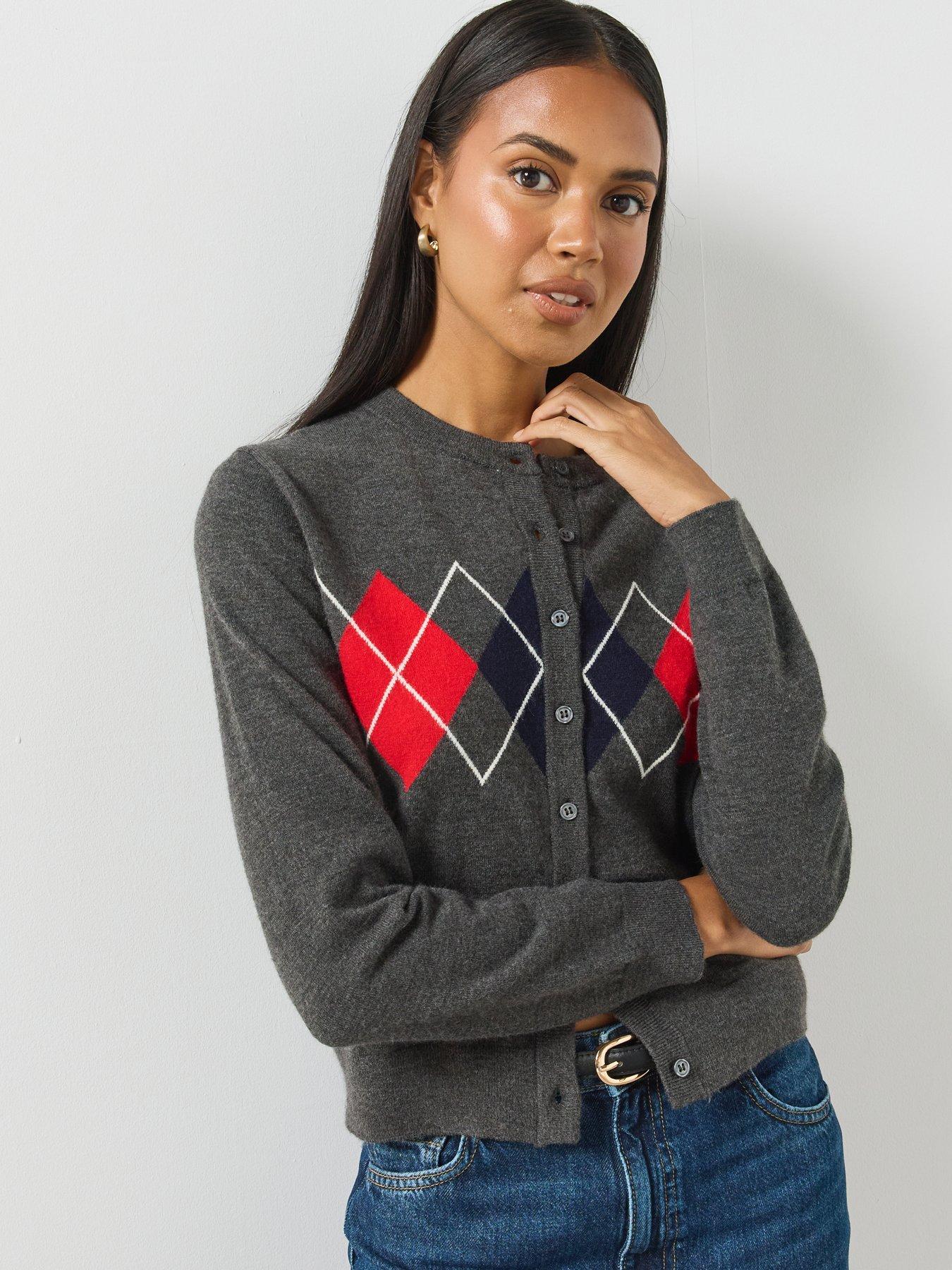 Image 4 of 6 of Mango Argyle Pattern Button-Front Cardigan - Grey