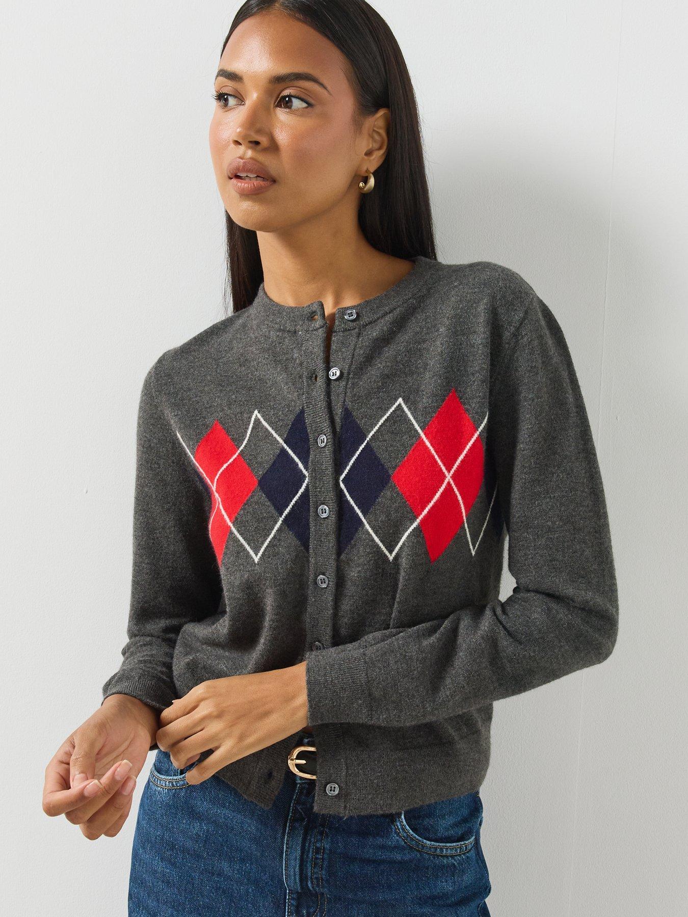 Image 5 of 6 of Mango Argyle Pattern Button-Front Cardigan - Grey