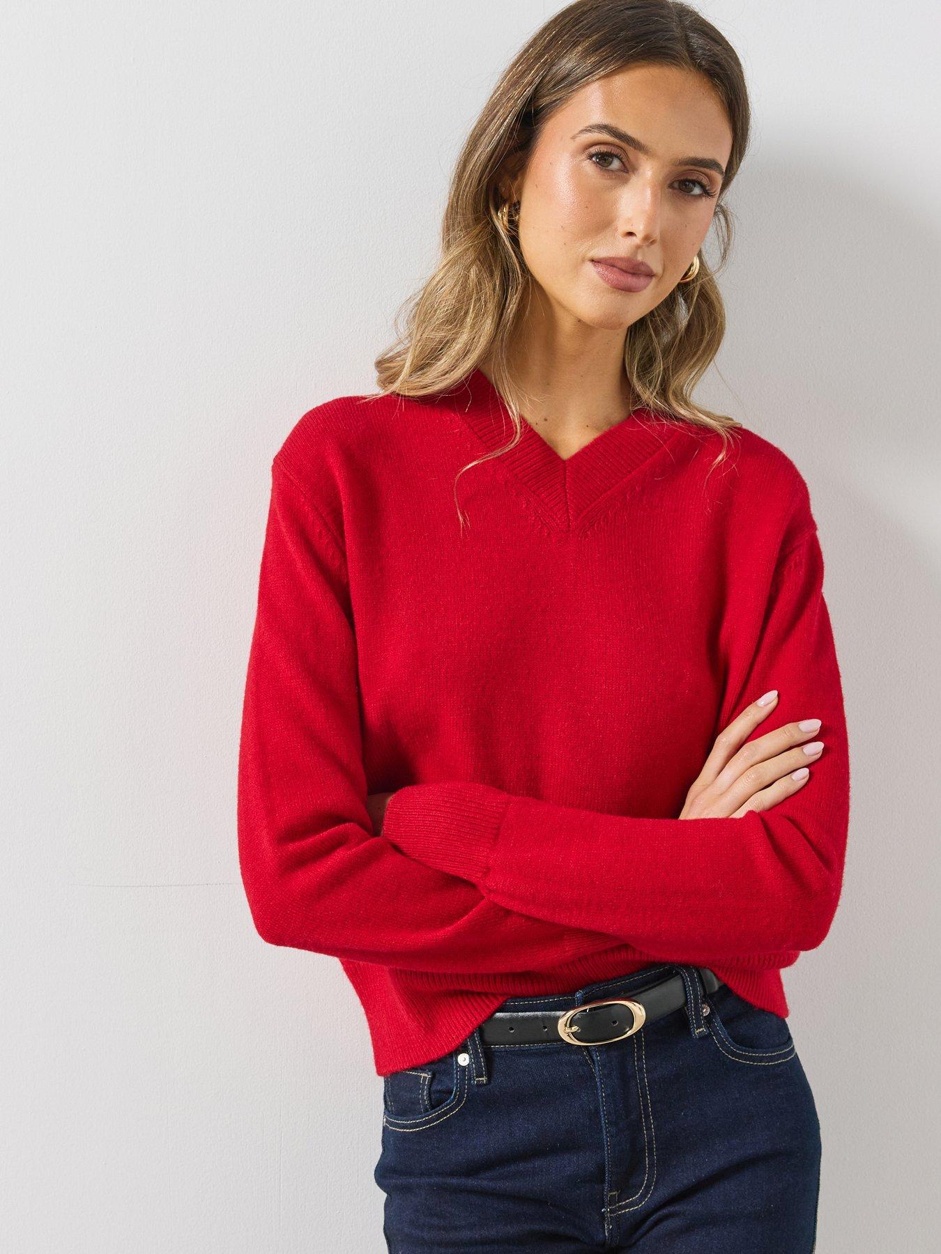 Image 1 of 6 of Mango Womens V-Neck Ribbed Hem Long Sleeve Jumper - Red