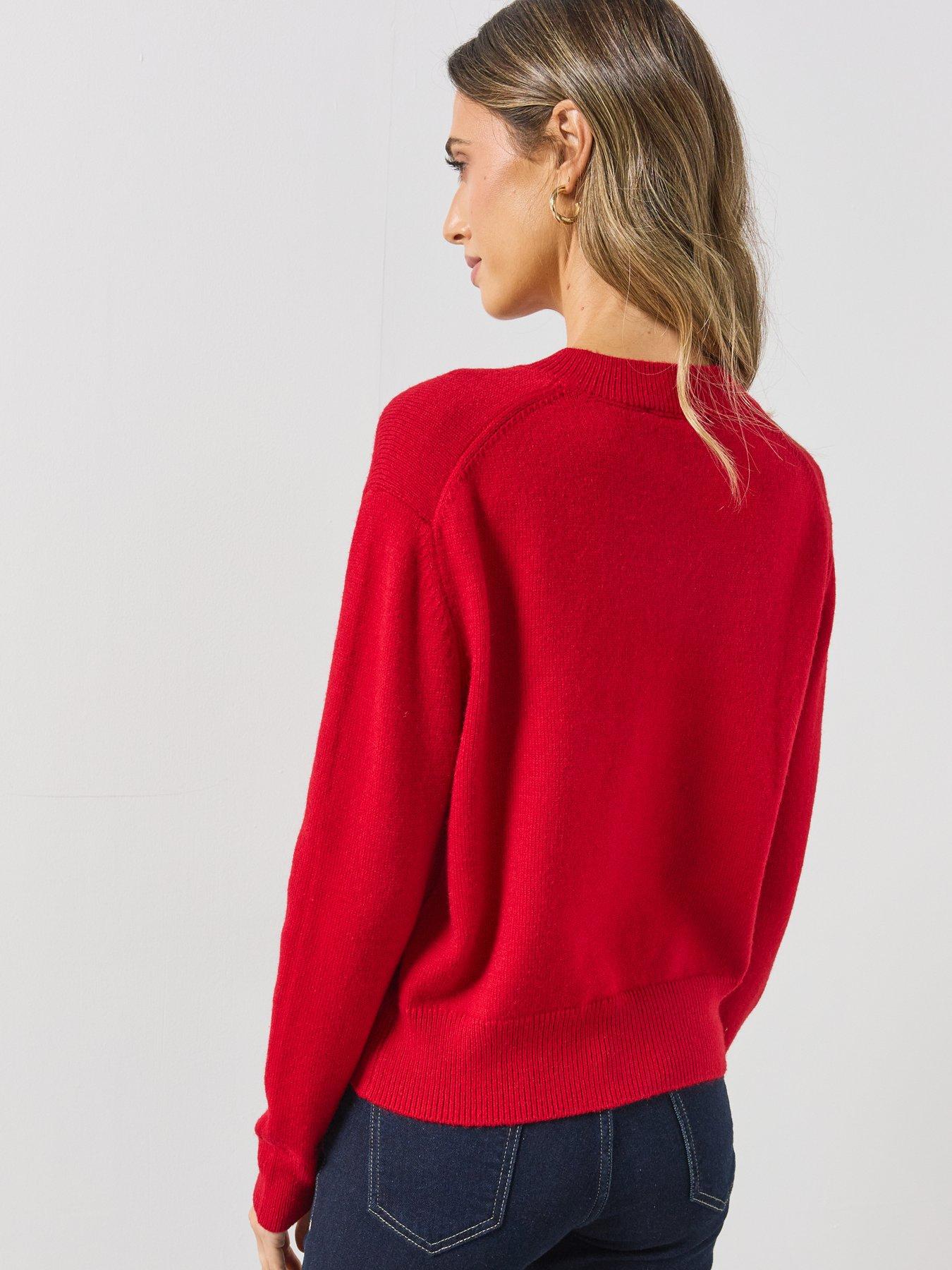 Image 2 of 6 of Mango Womens V-Neck Ribbed Hem Long Sleeve Jumper - Red